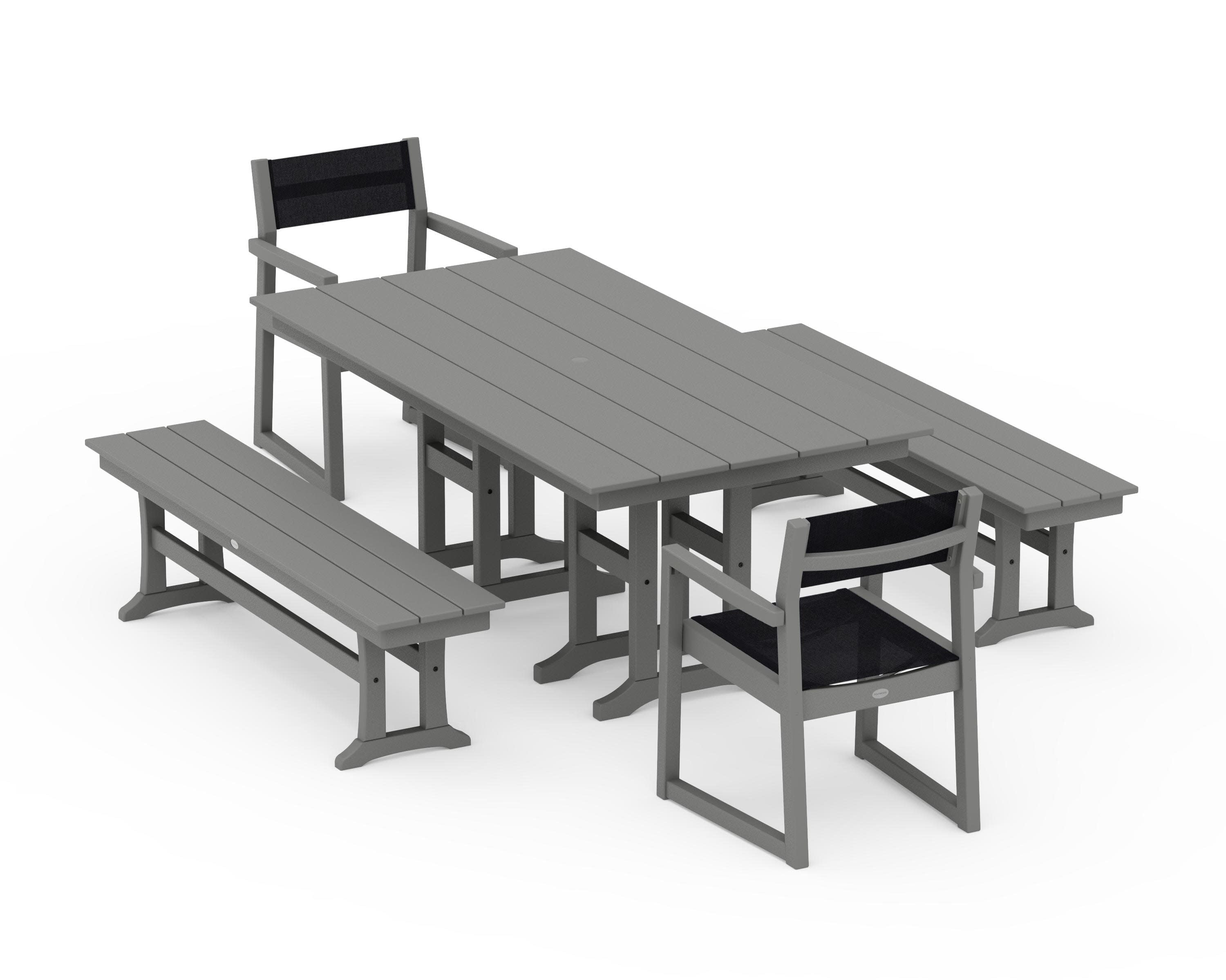 EDGE Sling Arm Chair 5-Piece Farmhouse Dining Set with Benches in Slate Grey / Black Sling