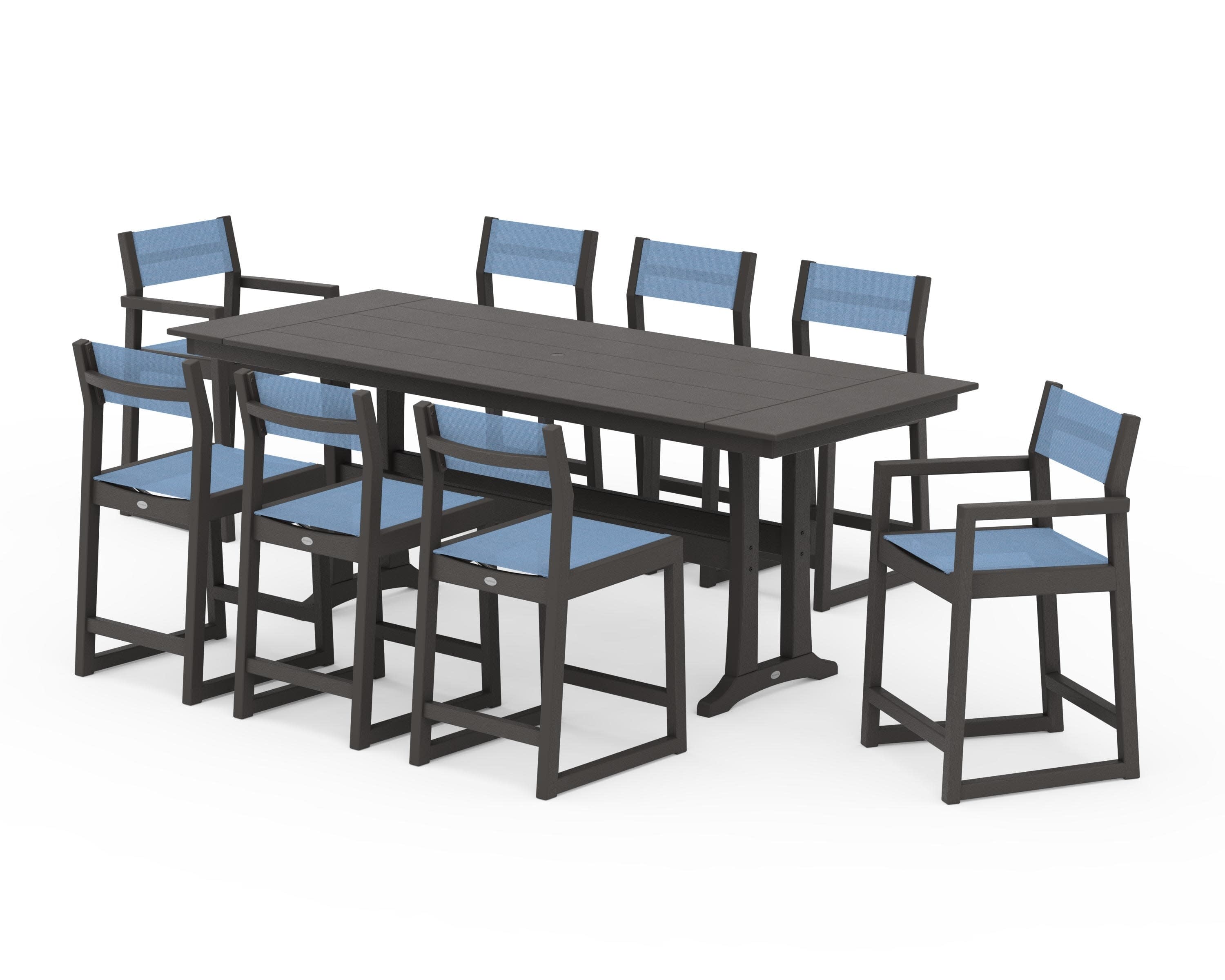 EDGE Sling 9-Piece Farmhouse Counter Set with Trestle Legs in Vintage Coffee / Poolside Sling