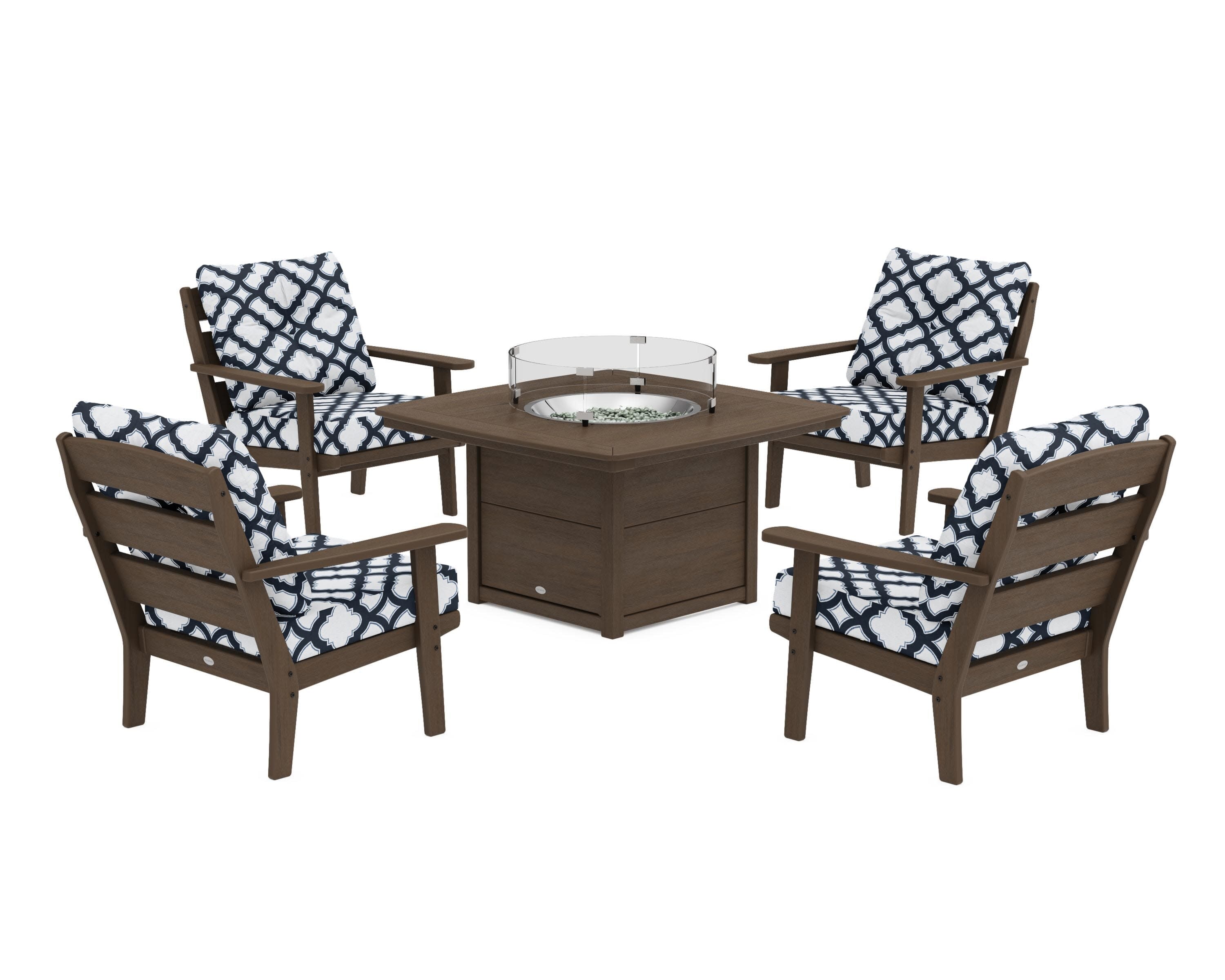 Lakeside 5-Piece Deep Seating Set with Nautical Fire Pit Table in Kona / Trellis Marine Indigo