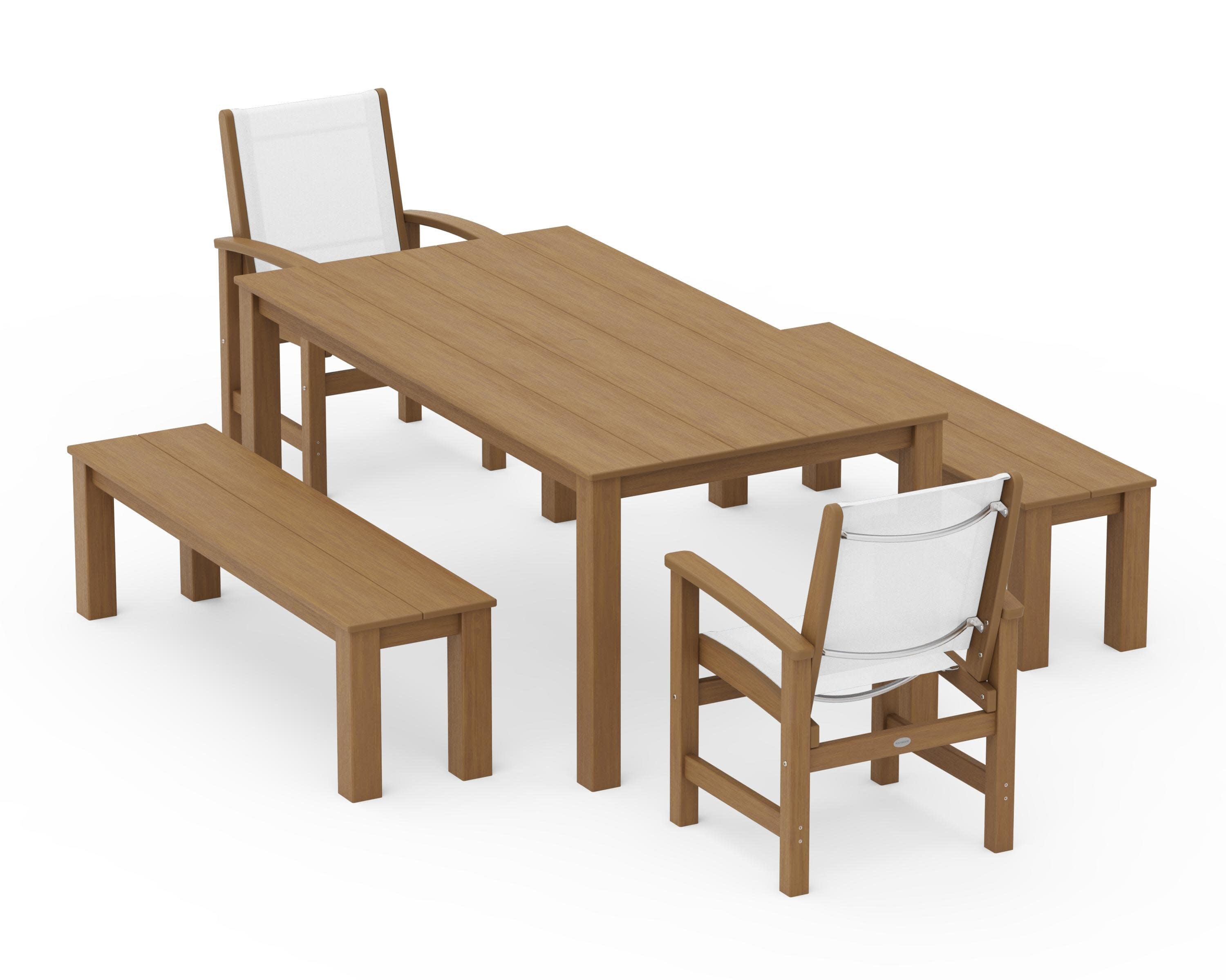 Coastal 5-Piece Parsons Dining Set with Benches in Natural / White Sling