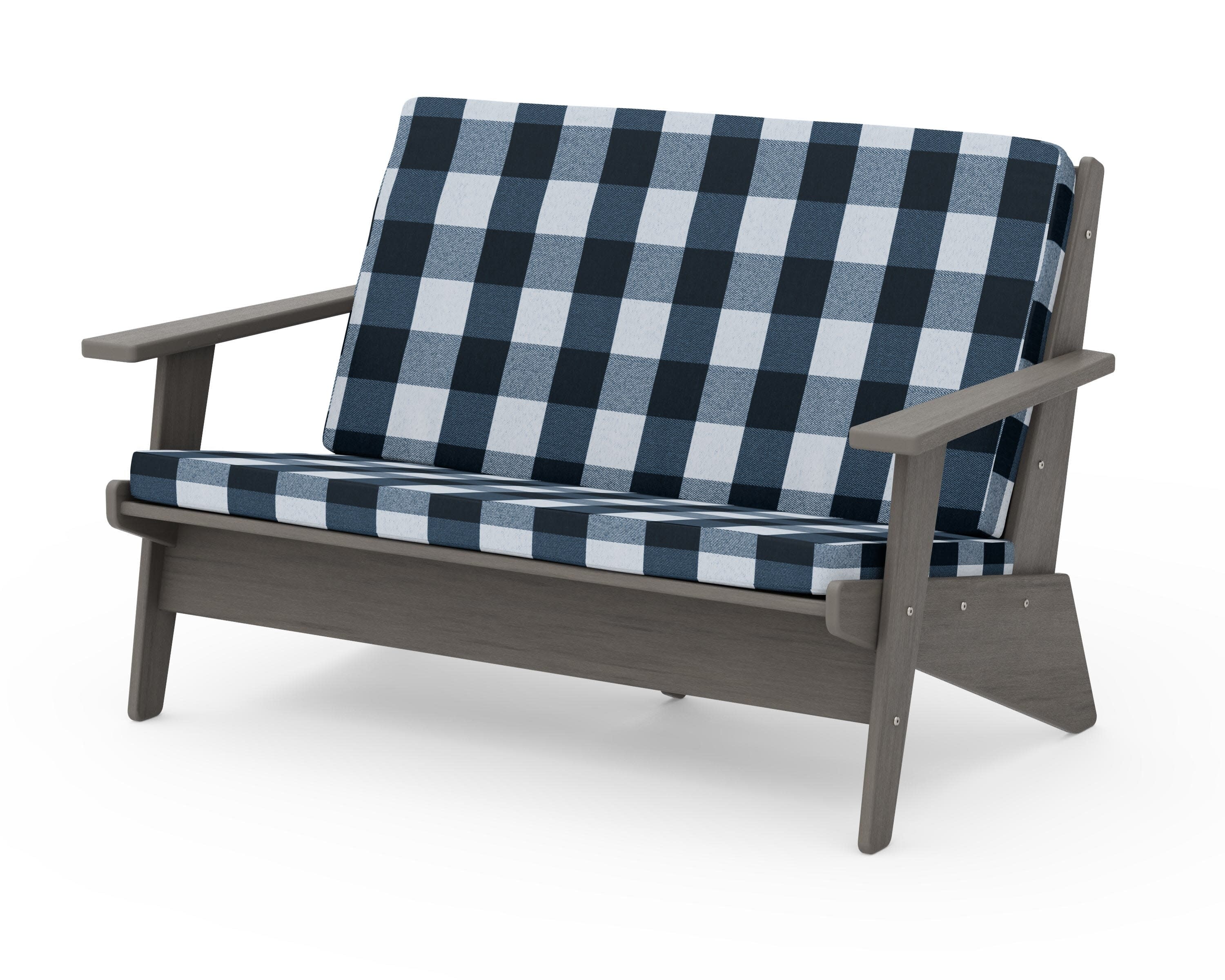 Riviera Modern Lounge Loveseat in Driftwood / Buffalo Plaid Marine Indigo