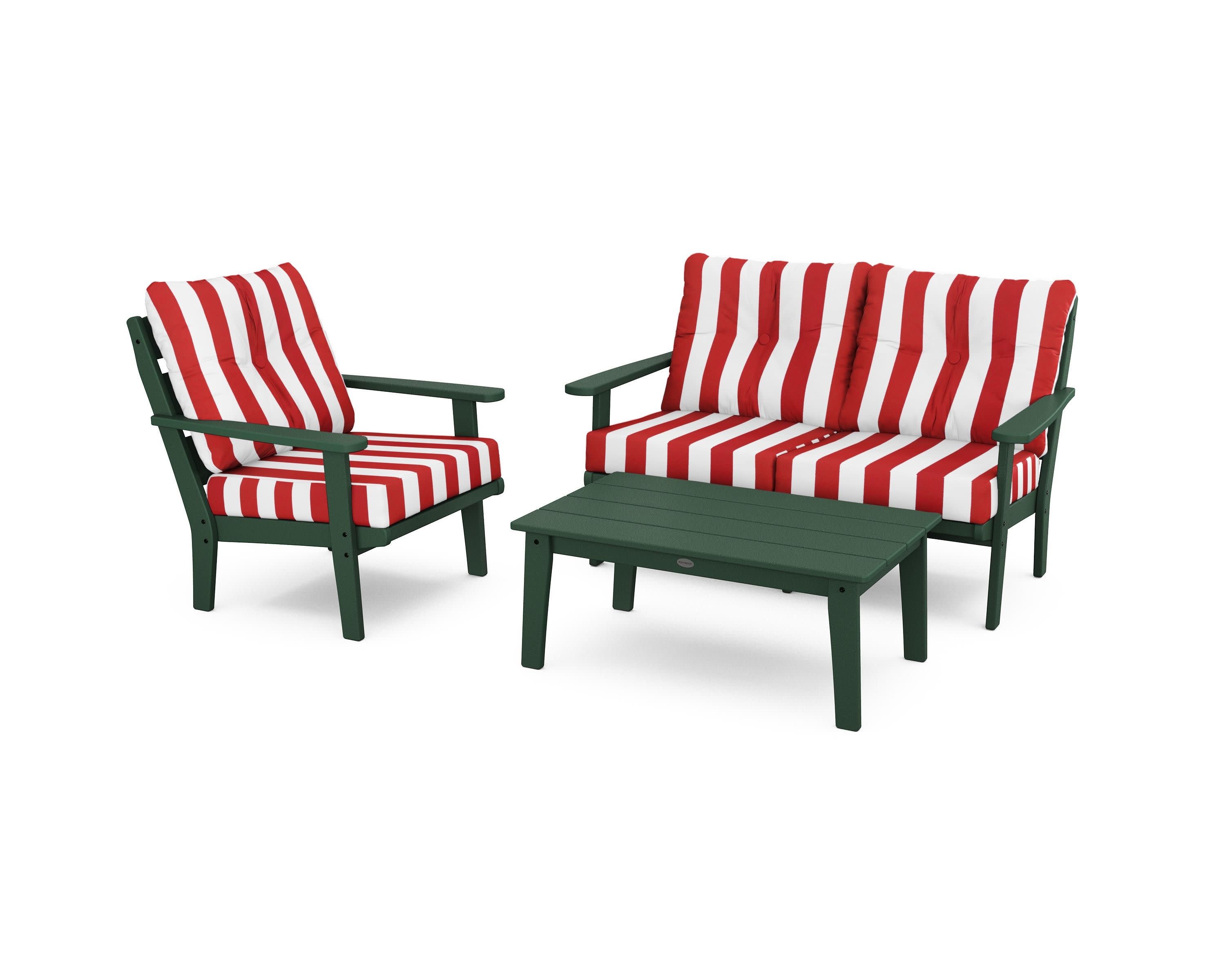 Lakeside 3-Piece Deep Seating Set in Green / Cabana Stripe Crimson