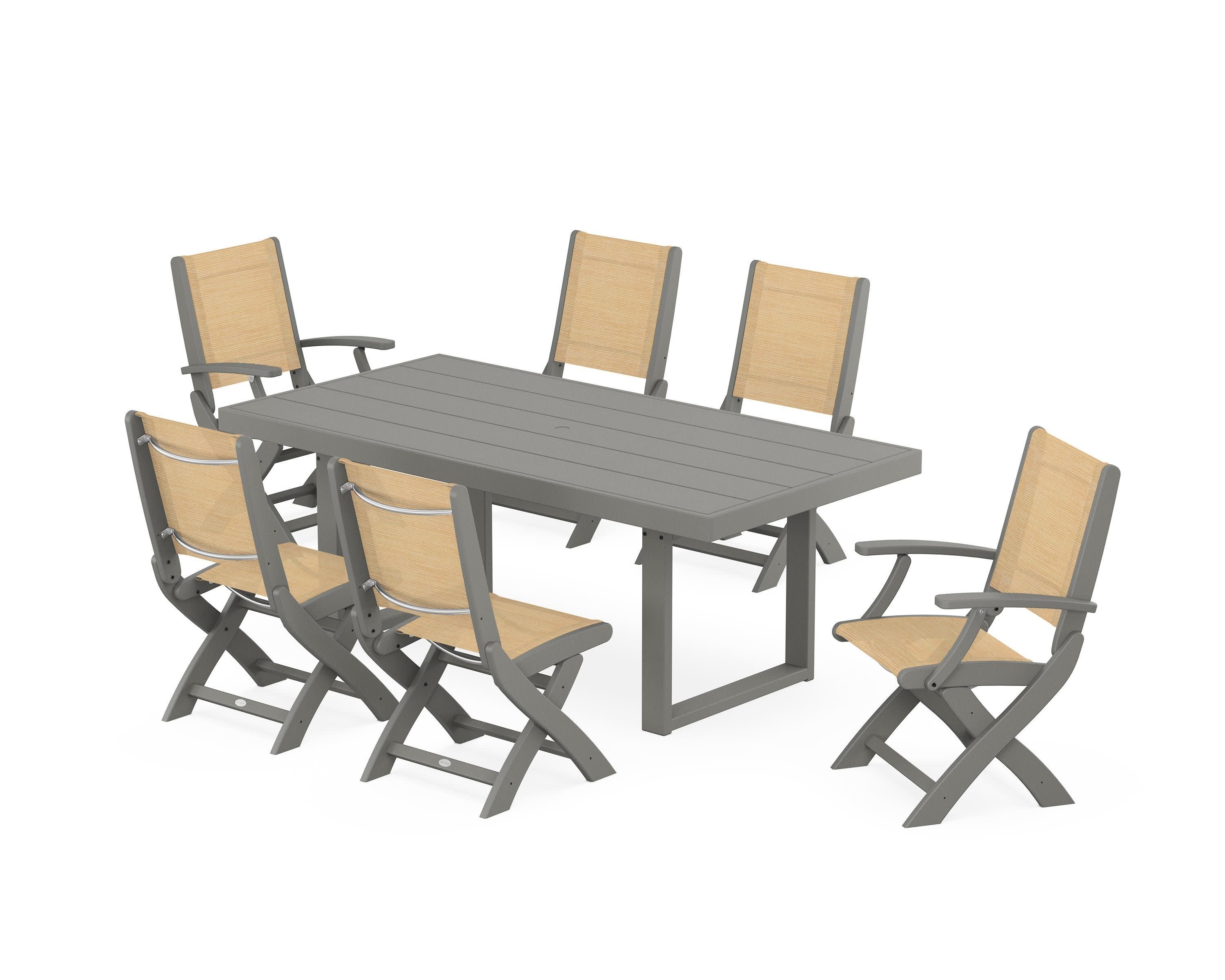 Coastal Folding Chair 7-Piece Dining Set with Trestle Legs in Slate Grey / Dupioni Apricot Sling