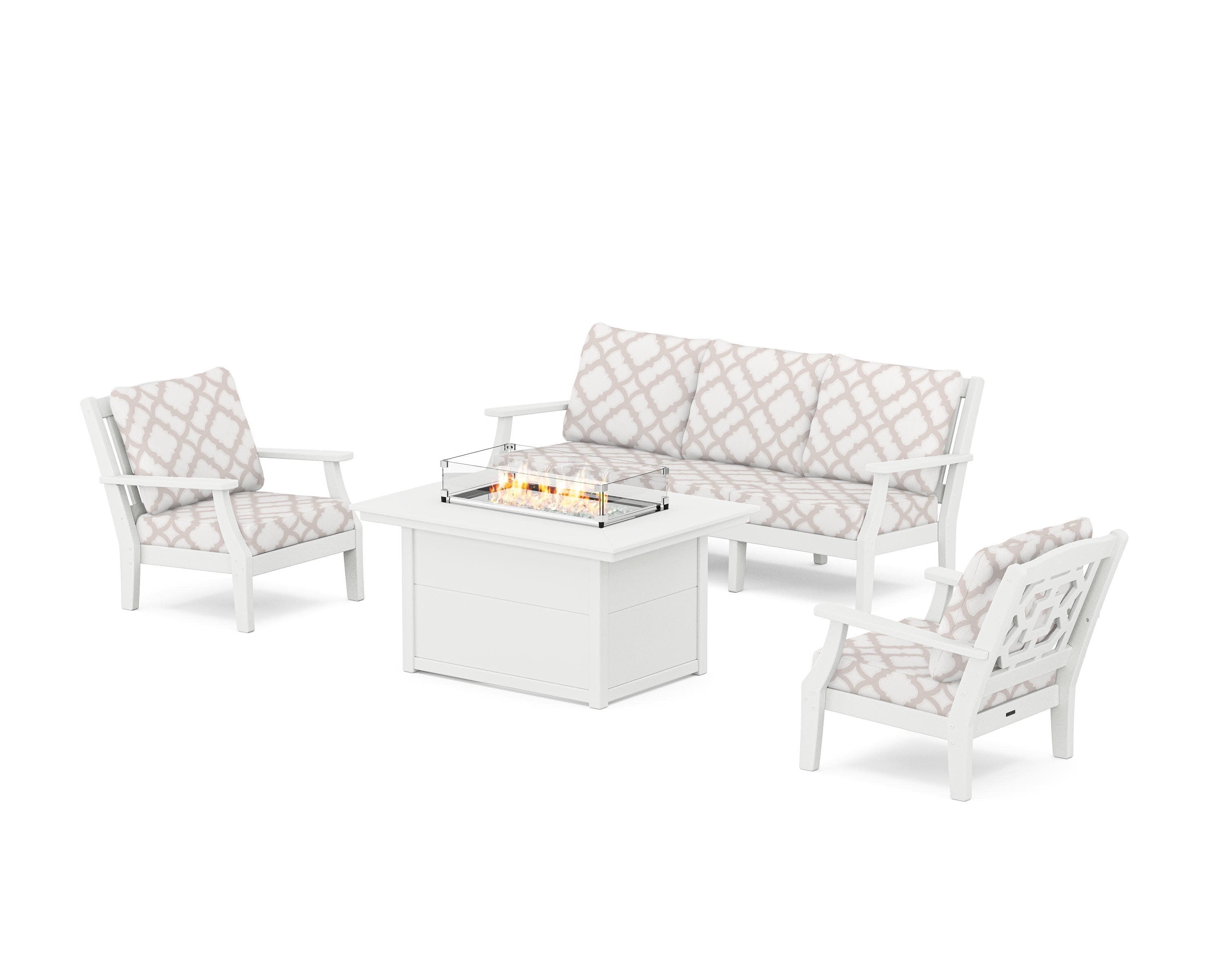 Chinoiserie Deep Seating Fire Pit Table Set in White / Trellis Dune Burlap