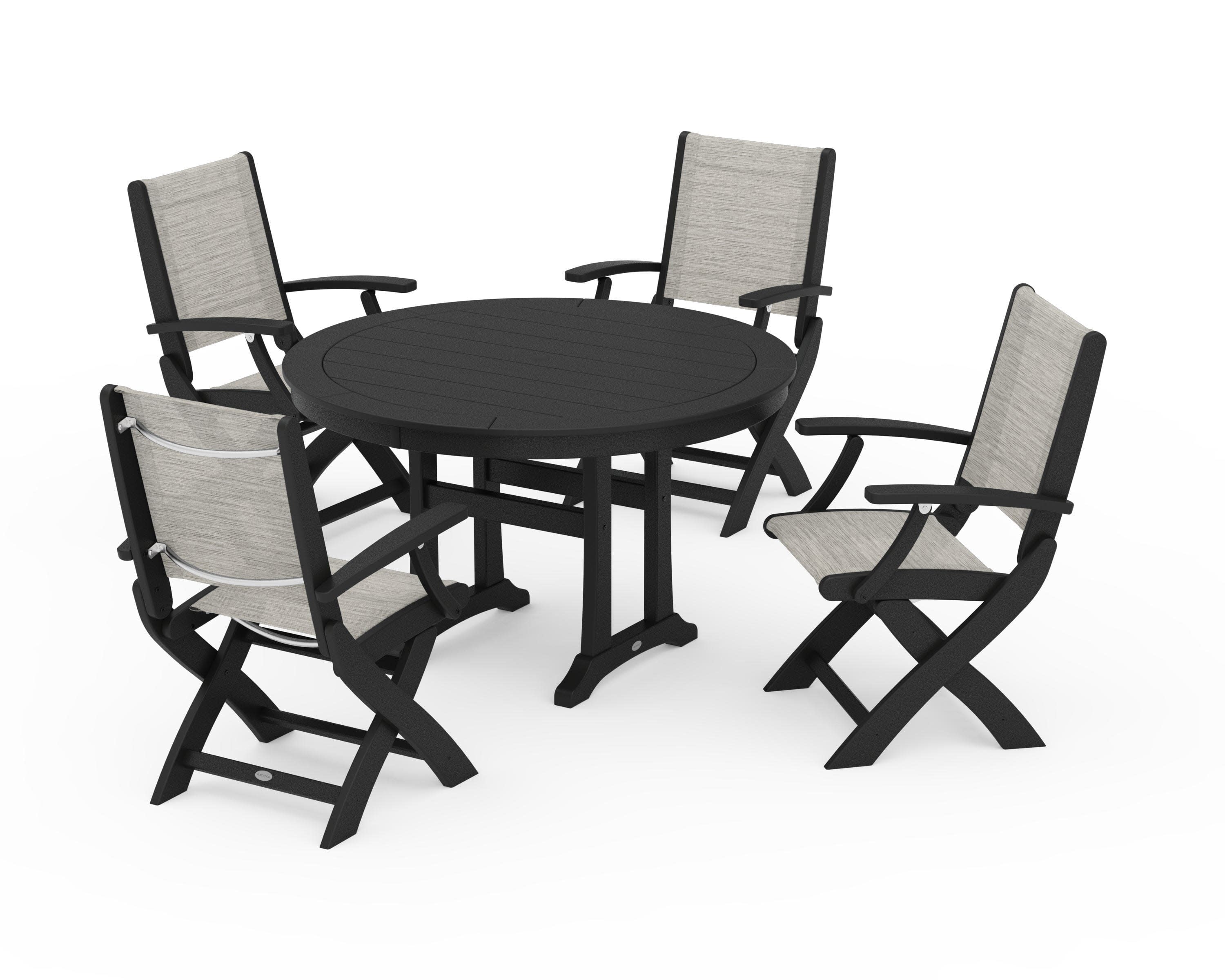 Coastal Folding Chair 5-Piece Round Dining Set with Trestle Legs in Black / Birch Sling