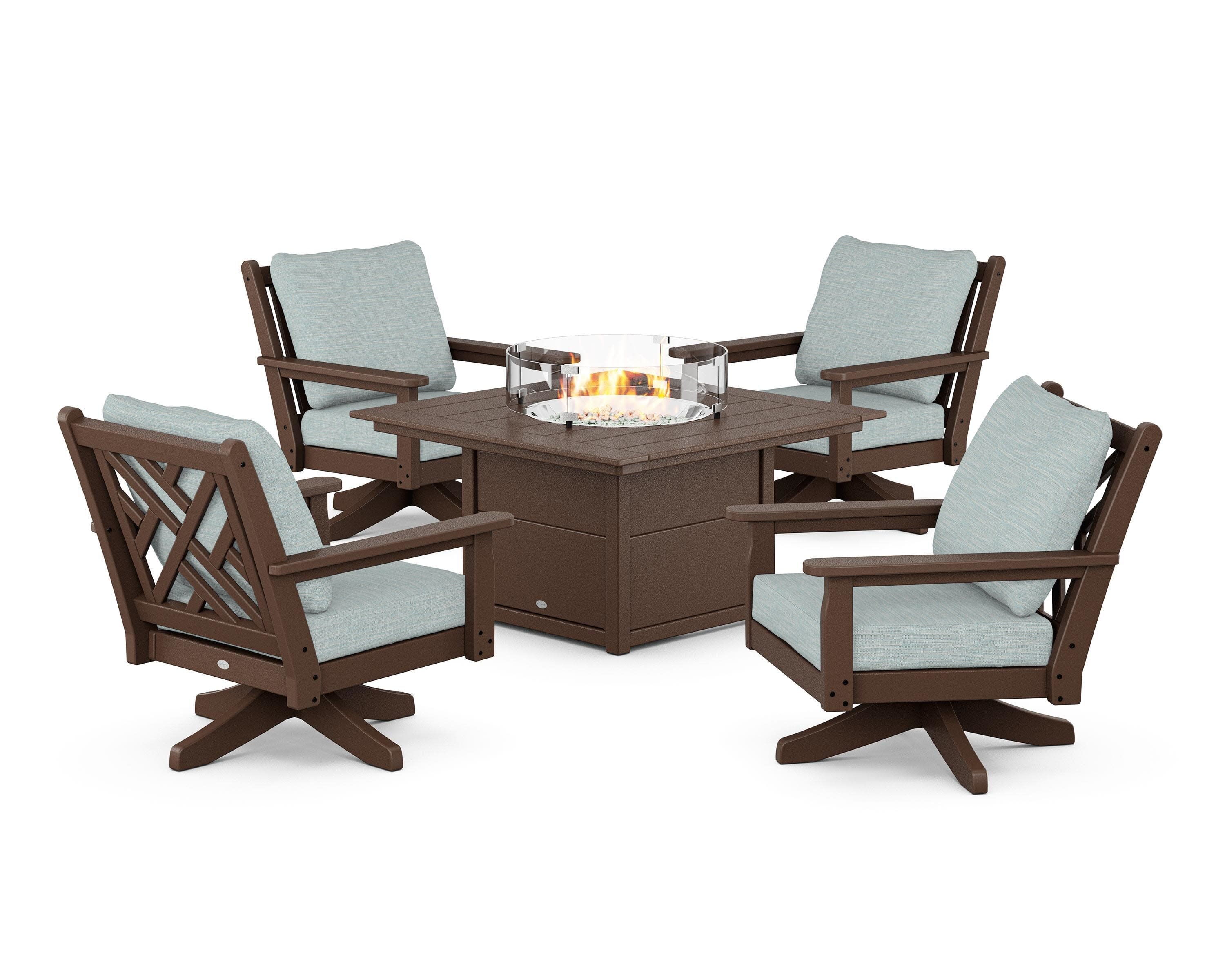 Chippendale 5-Piece Deep Seating Swivel Conversation Set with Fire Pit Table in Mahogany / Soothe Mist