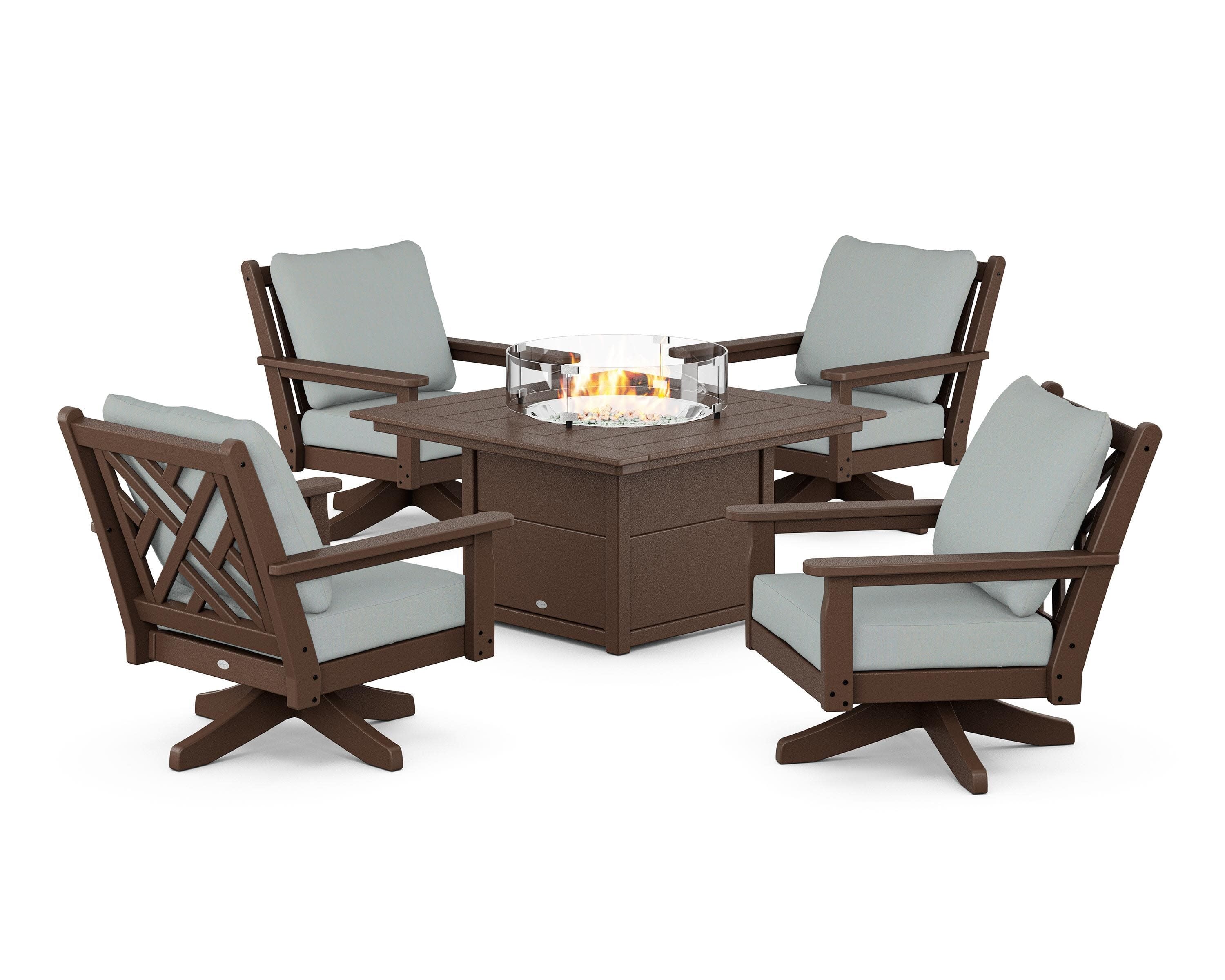Chippendale 5-Piece Deep Seating Swivel Conversation Set with Fire Pit Table in Mahogany / Spa