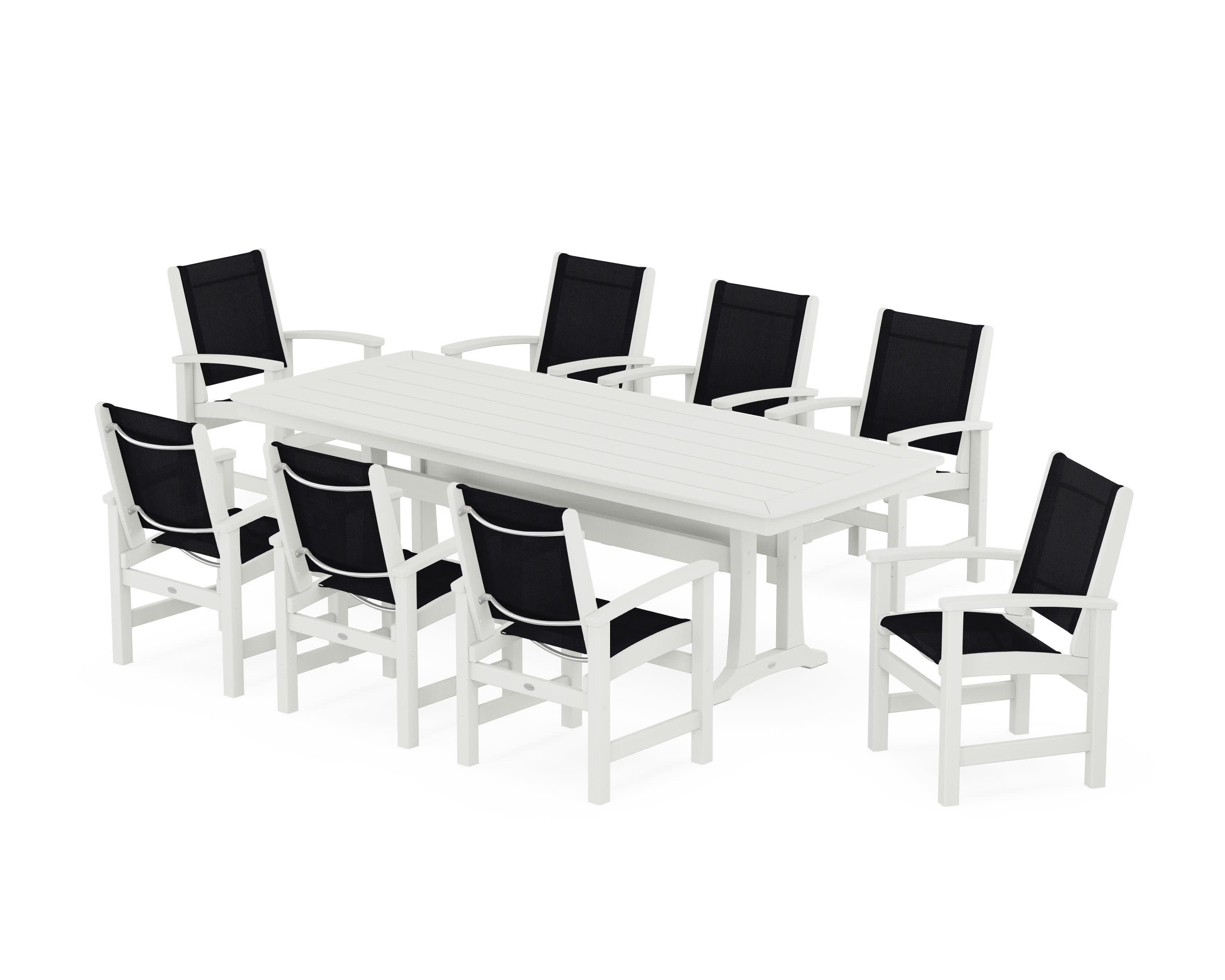 Coastal 9-Piece Dining Set with Trestle Legs in Vintage White / Black Sling