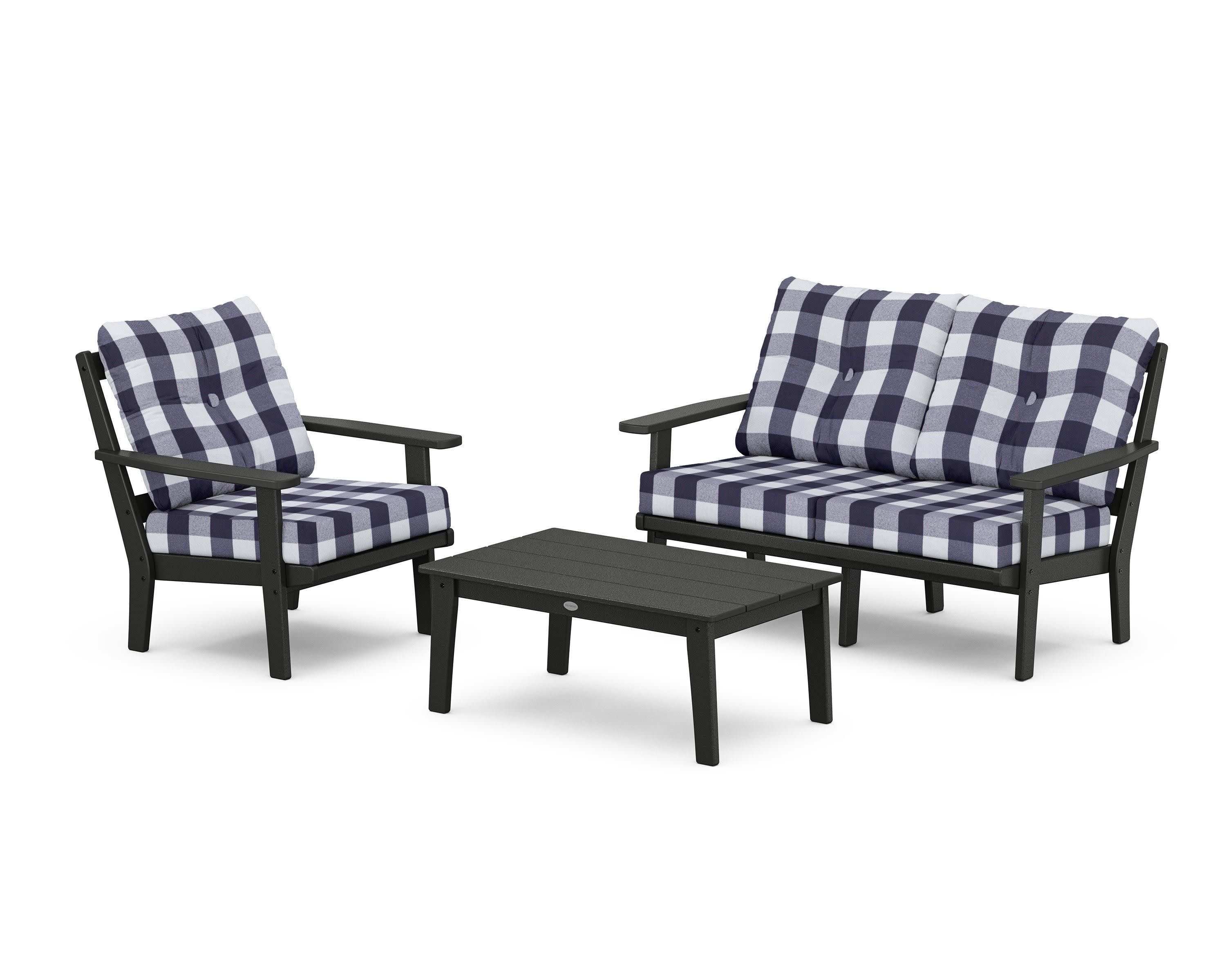 Oxford 3-Piece Deep Seating Set with Loveseat in Black / Buffalo Plaid Navy