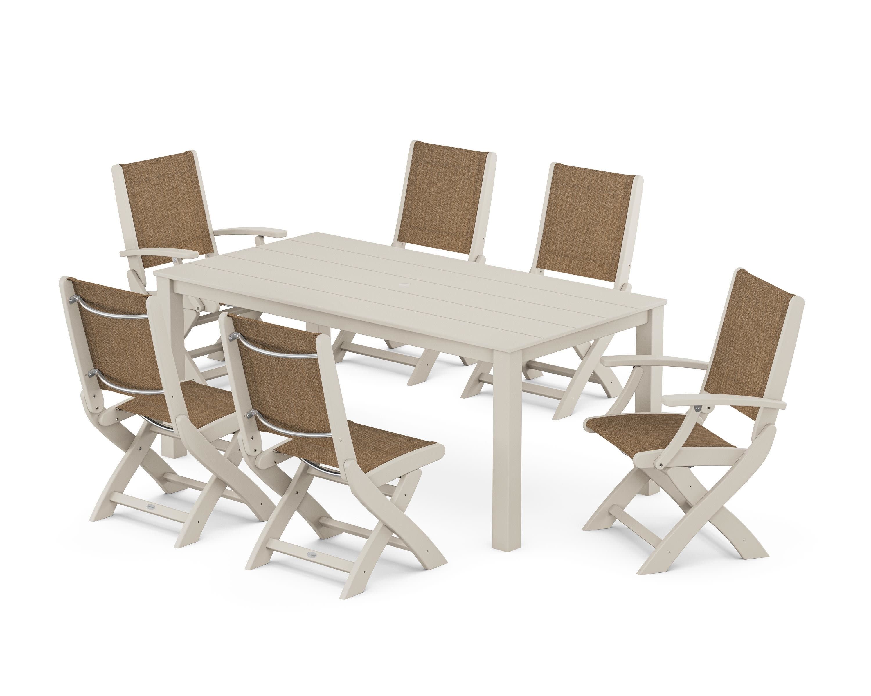 Coastal Folding Chair 7-Piece Parsons Dining Set in Sand / Burlap Sling