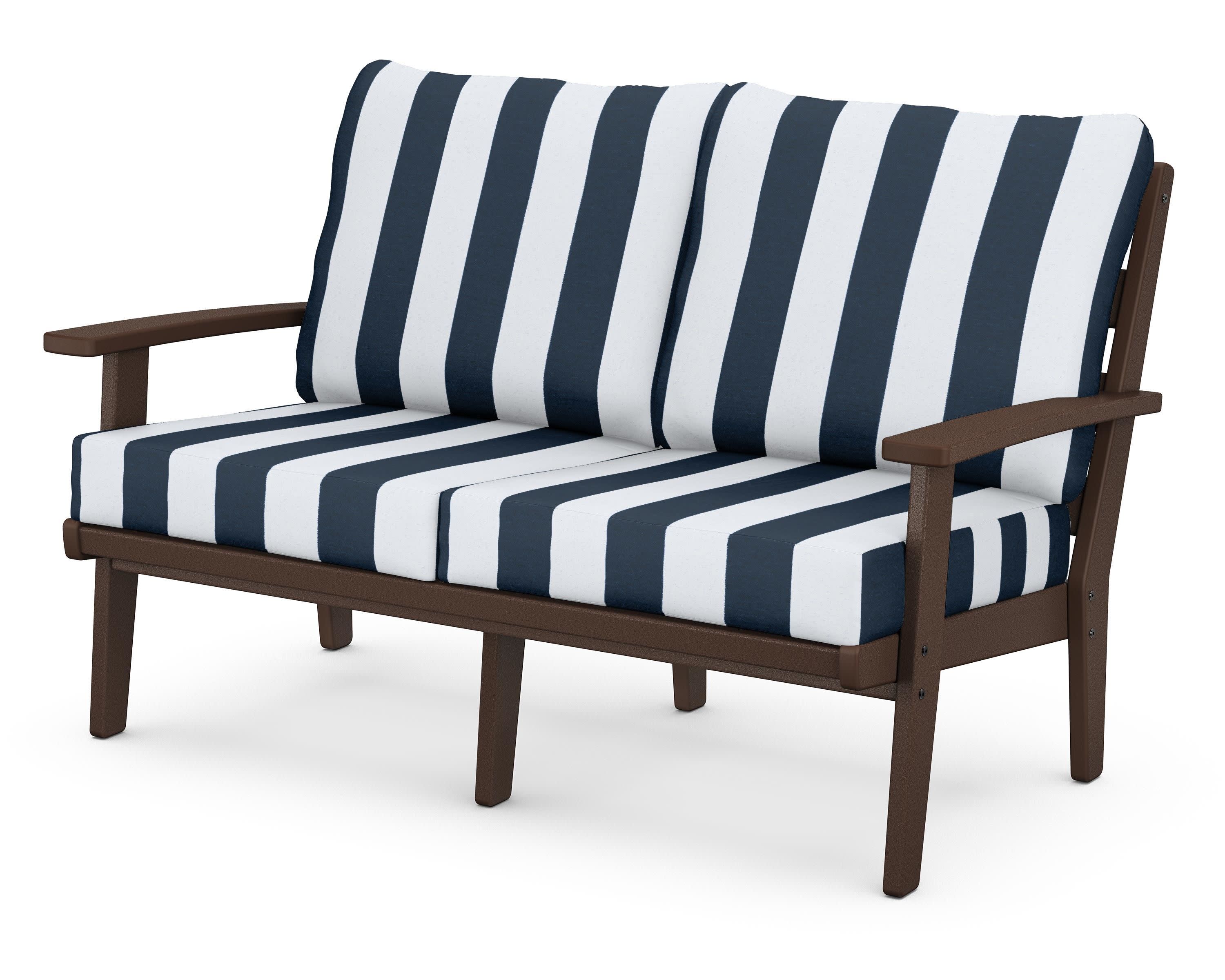 Grant Park Deep Seating Loveseat in Mahogany / Cabana Stripe Marine Indigo