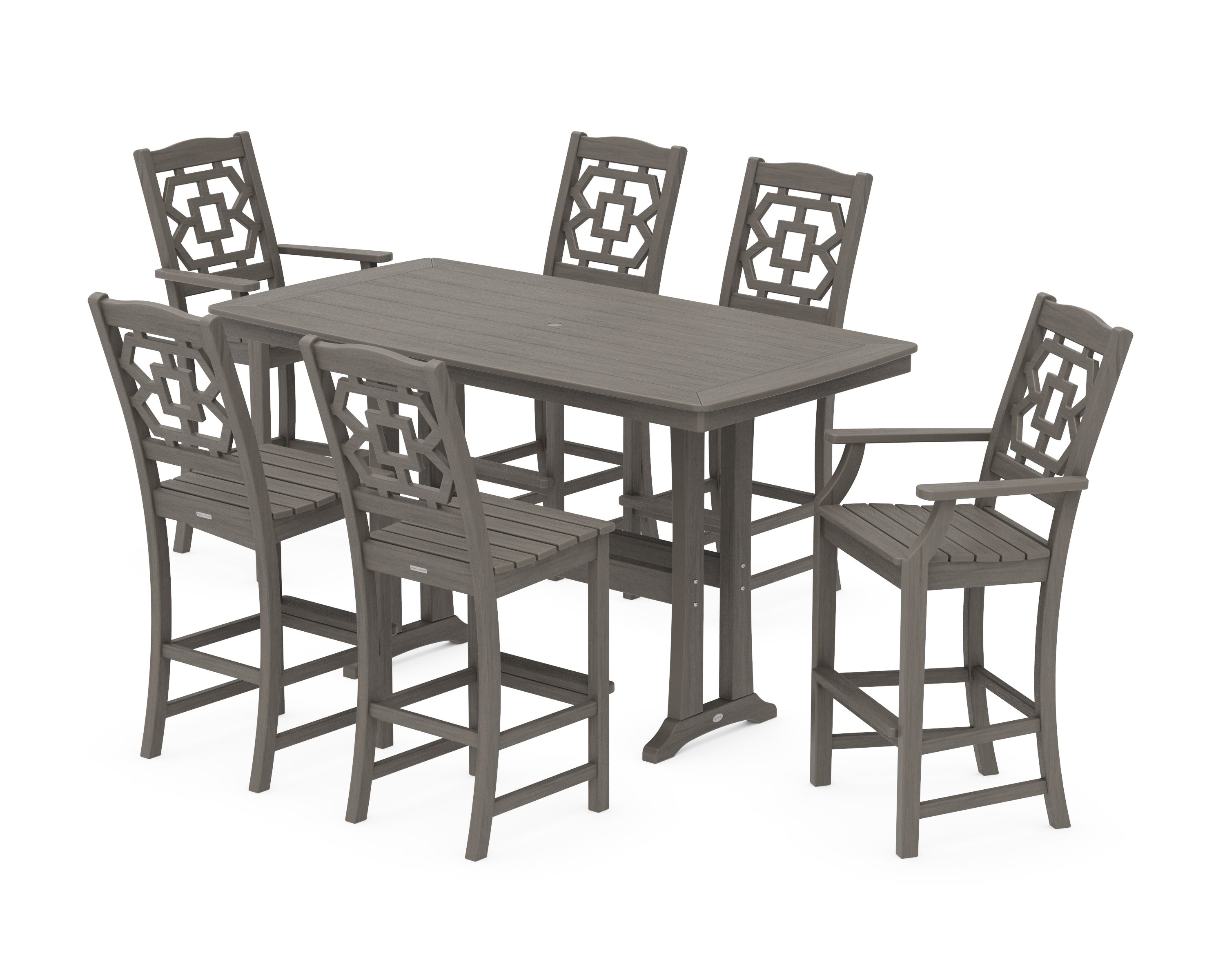Chinoiserie 7-Piece Bar Set with Trestle Legs in Driftwood