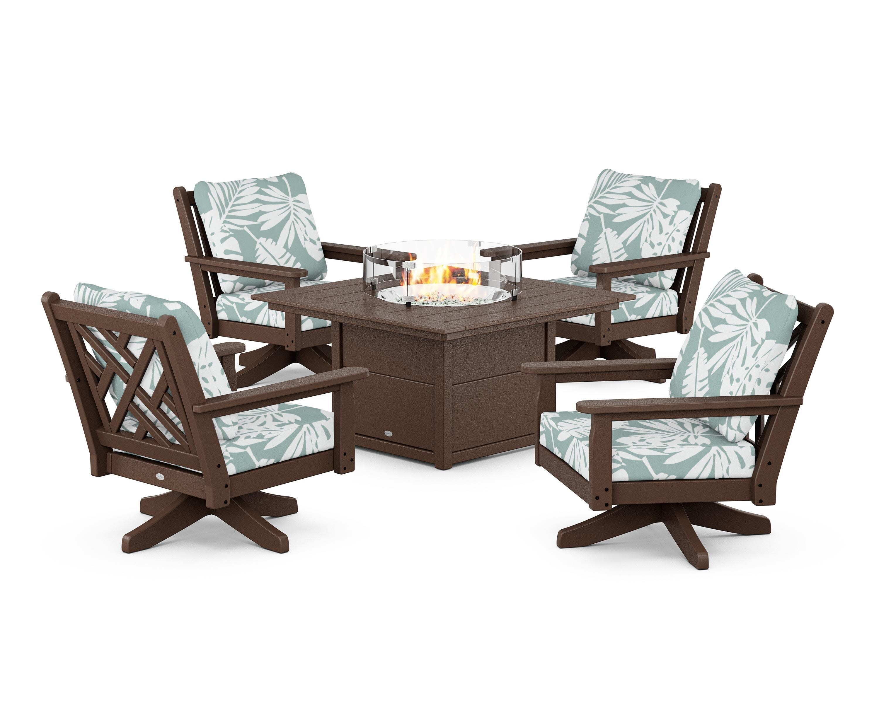 Chippendale 5-Piece Deep Seating Swivel Conversation Set with Fire Pit Table in Mahogany / Leaf Glacier Spa