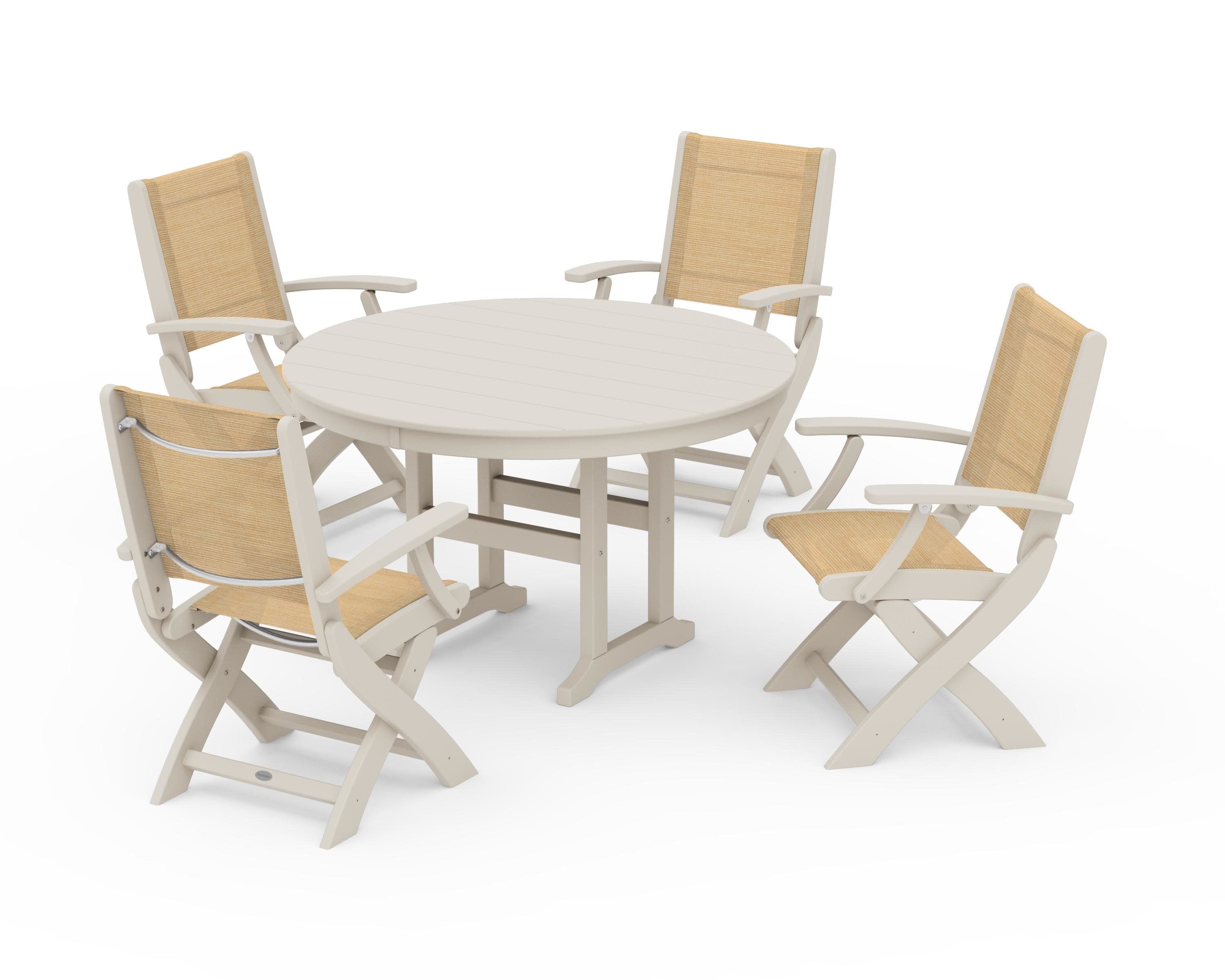 Coastal Folding Chair 5-Piece Round Dining Set in Sand / Dupioni Apricot Sling