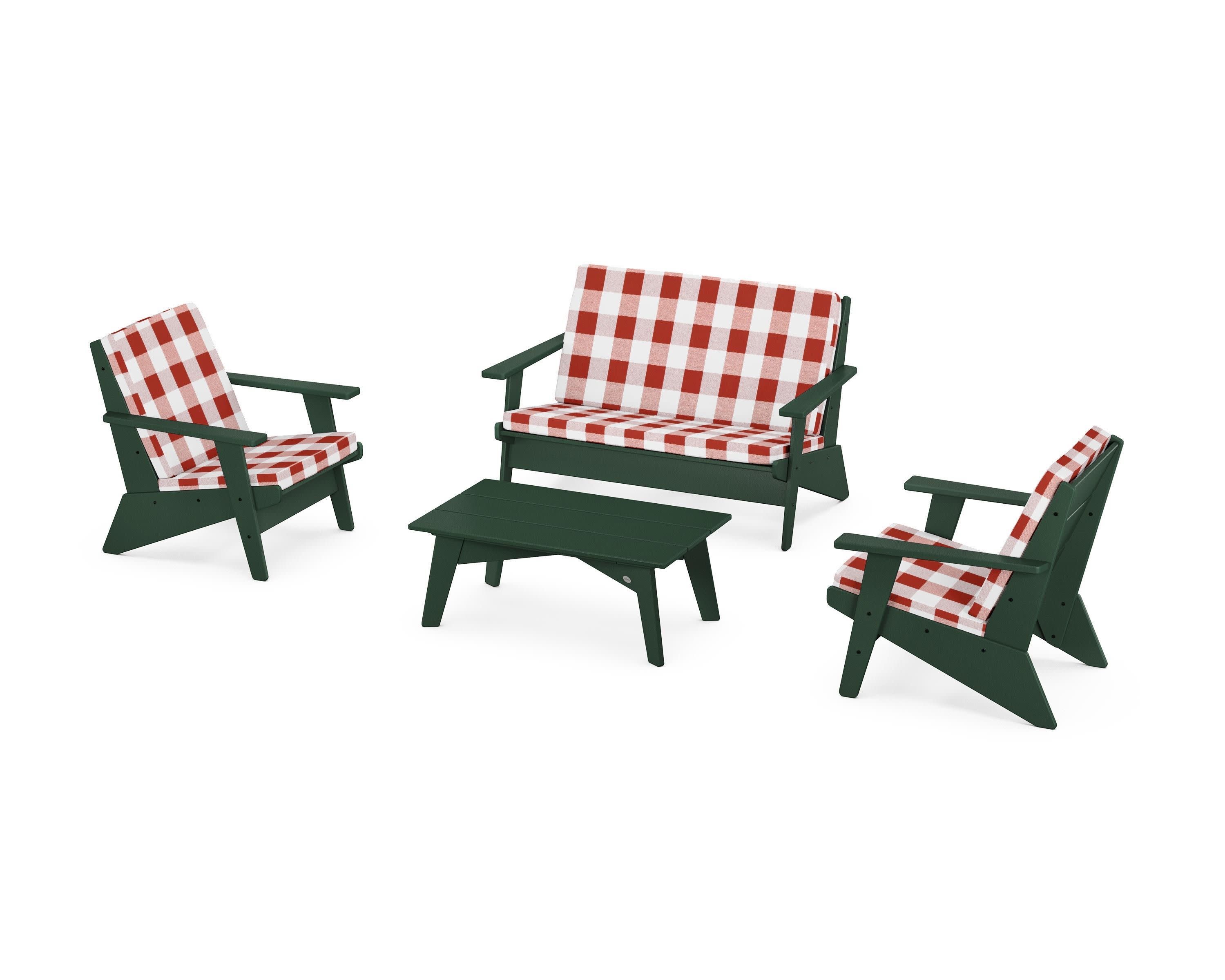 Riviera Modern Lounge 4-Piece Set in Green / Buffalo Plaid Crimson