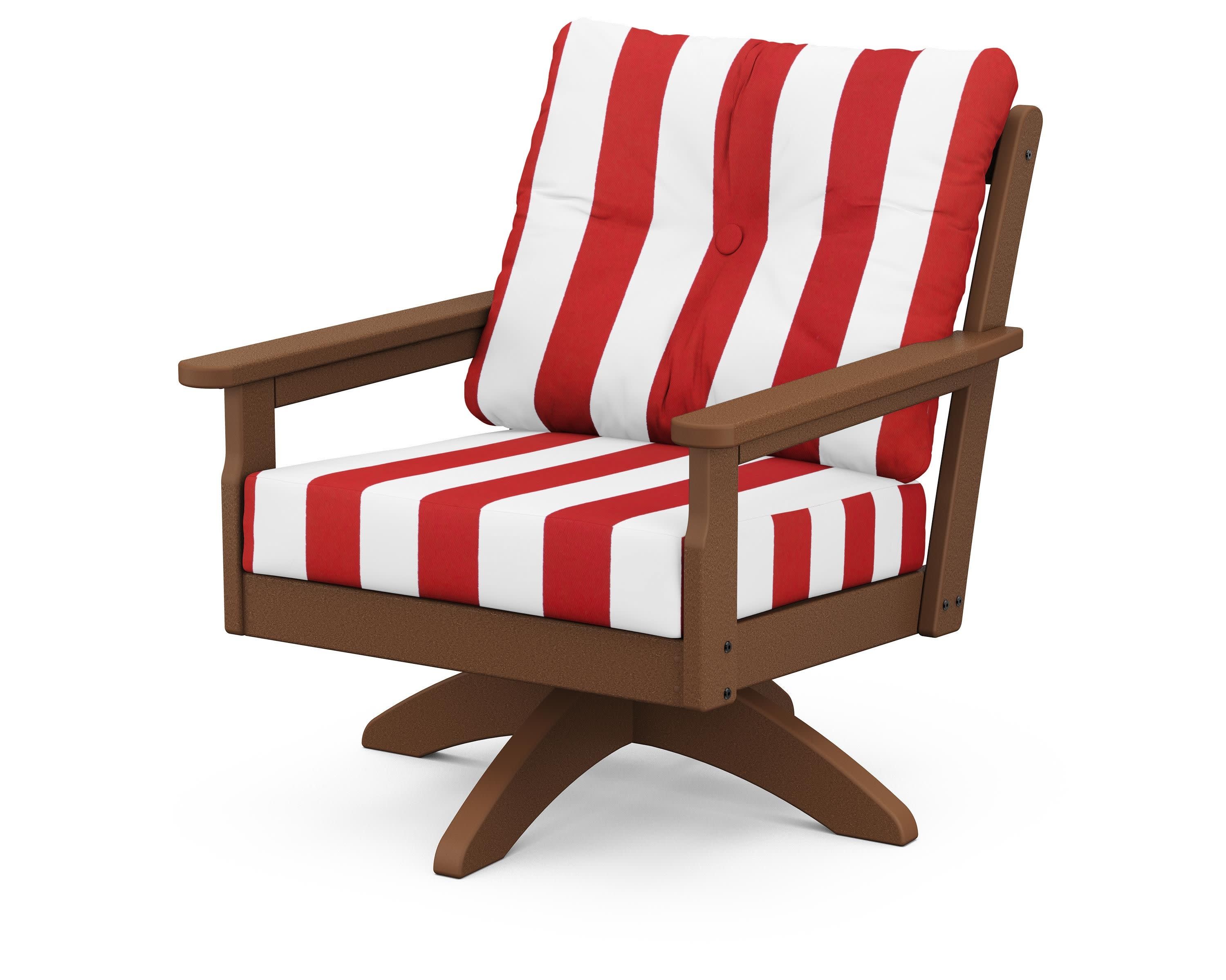 Vineyard Deep Seating Swivel Chair in Teak / Cabana Stripe Crimson