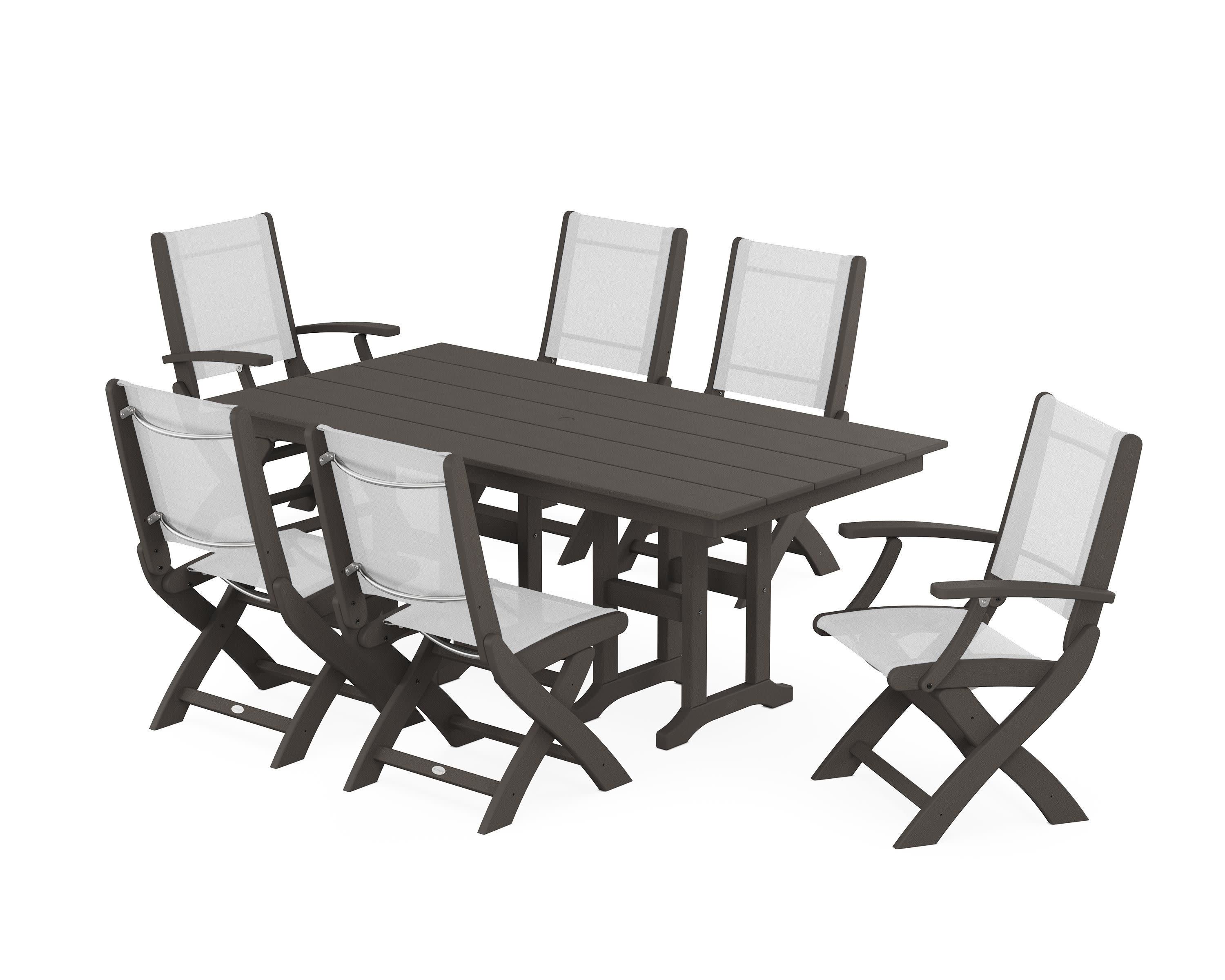 Coastal Folding Chair 7-Piece Farmhouse Dining Set in Vintage Coffee / White Sling