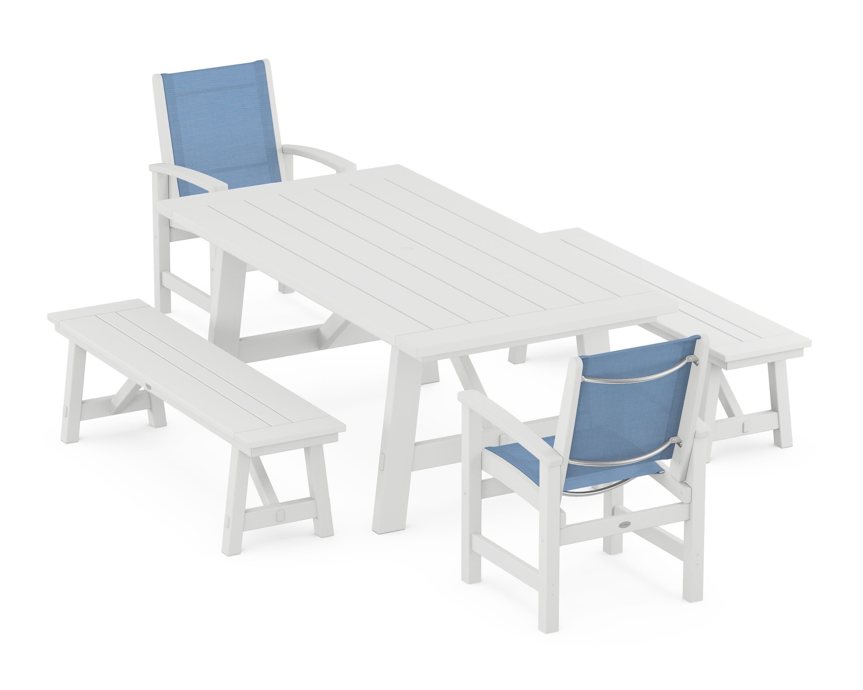 Coastal 5-Piece Rustic Farmhouse Dining Set With Benches in White / Poolside Sling