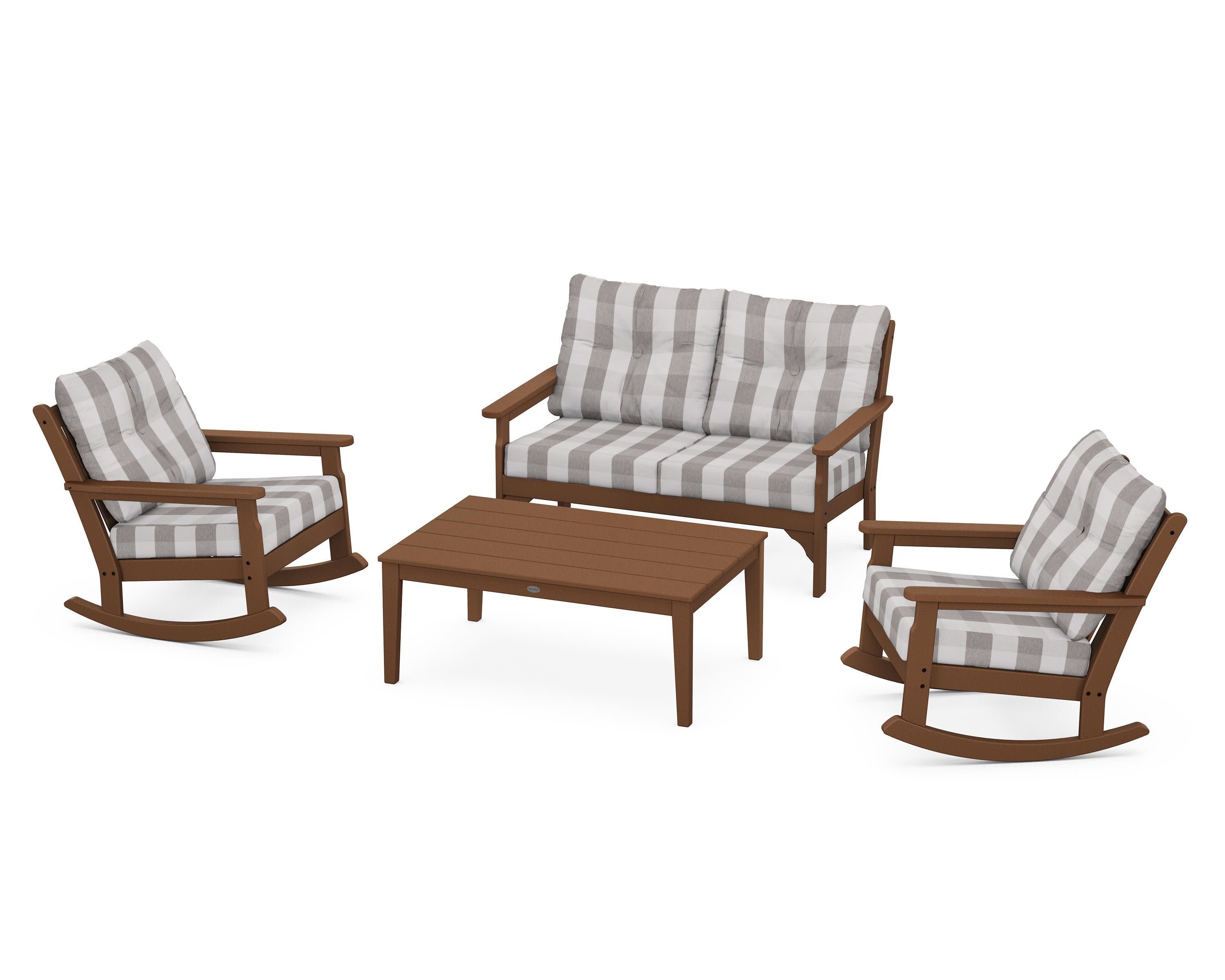 Vineyard 4-Piece Deep Seating Rocking Chair Set in Teak / Buffalo Plaid Grey Mist