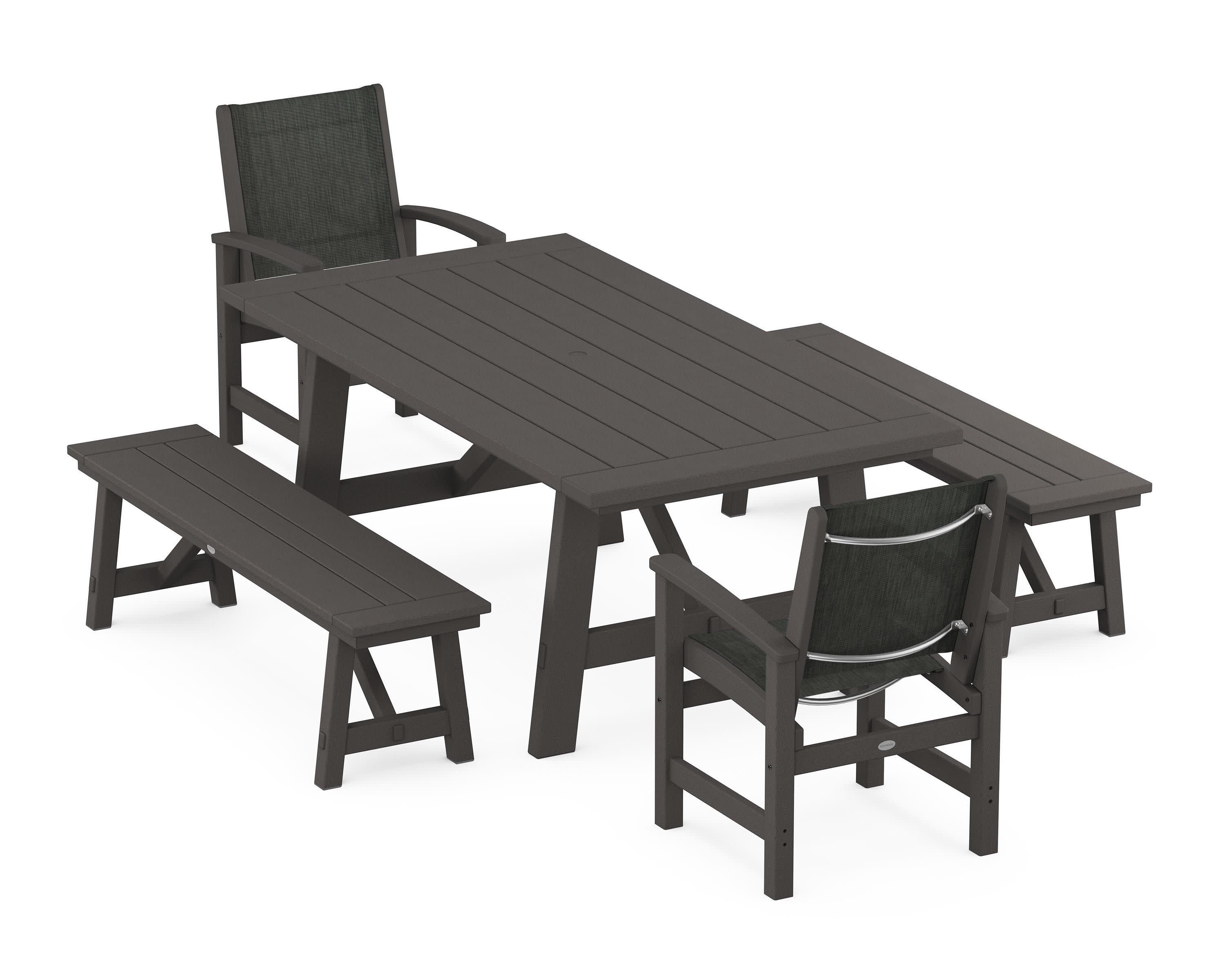 Coastal 5-Piece Rustic Farmhouse Dining Set With Benches in Vintage Coffee / Ember Sling