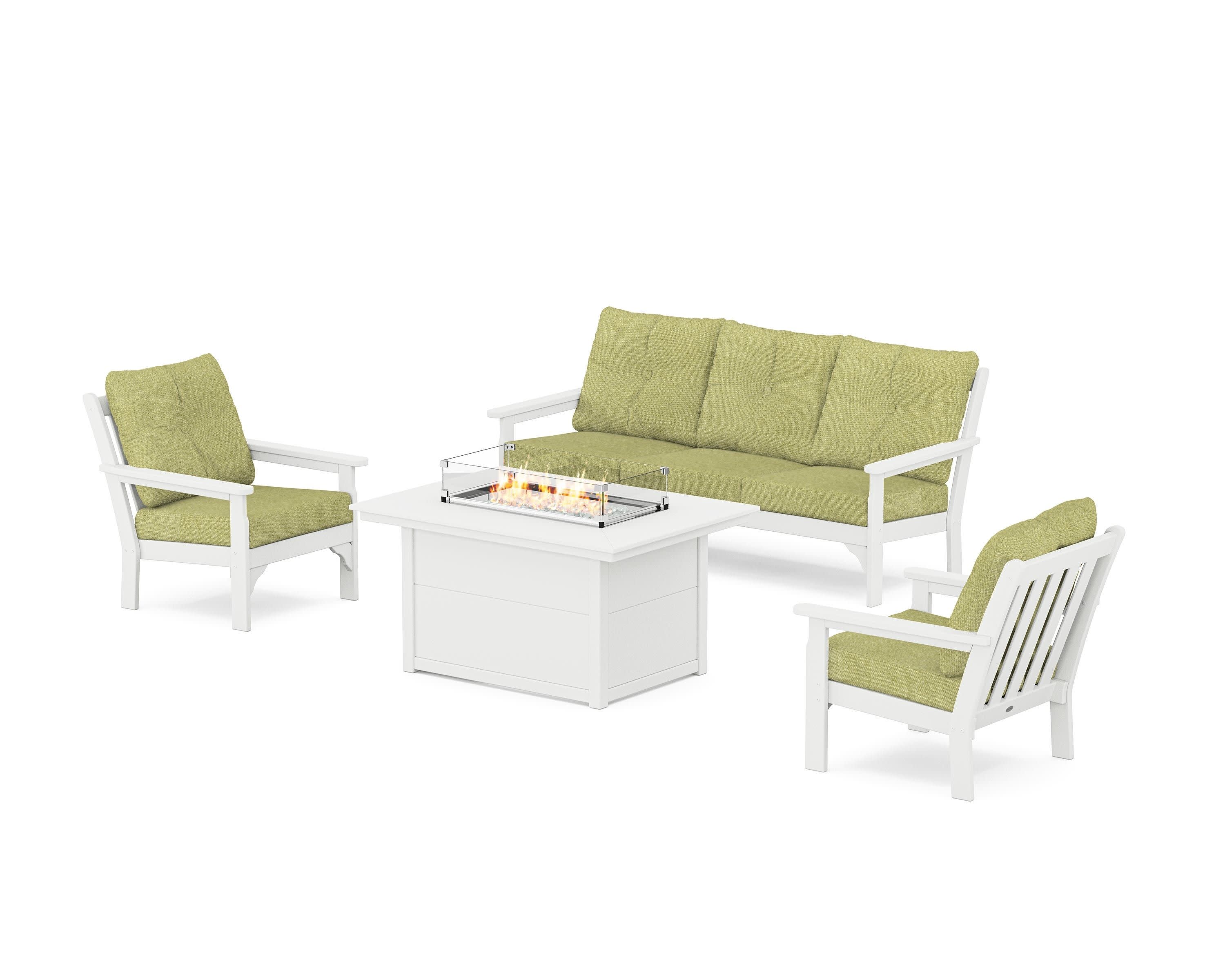 Vineyard Deep Seating Fire Pit Table Set in White / Chartreuse Boucle
