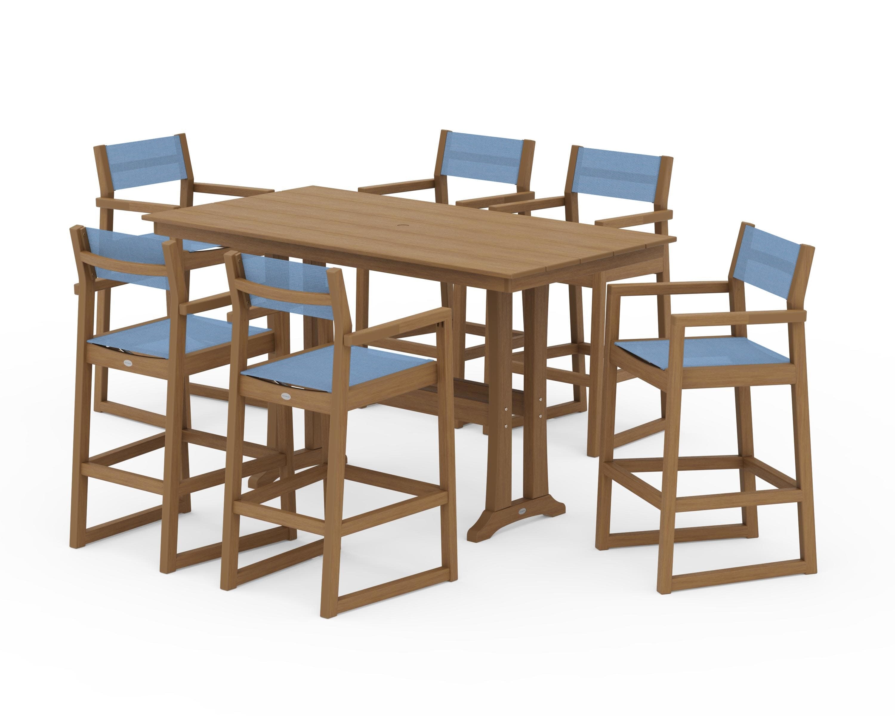 EDGE Sling Arm Chair 7-Piece Farmhouse Bar Set with Trestle Legs in Natural / Poolside Sling
