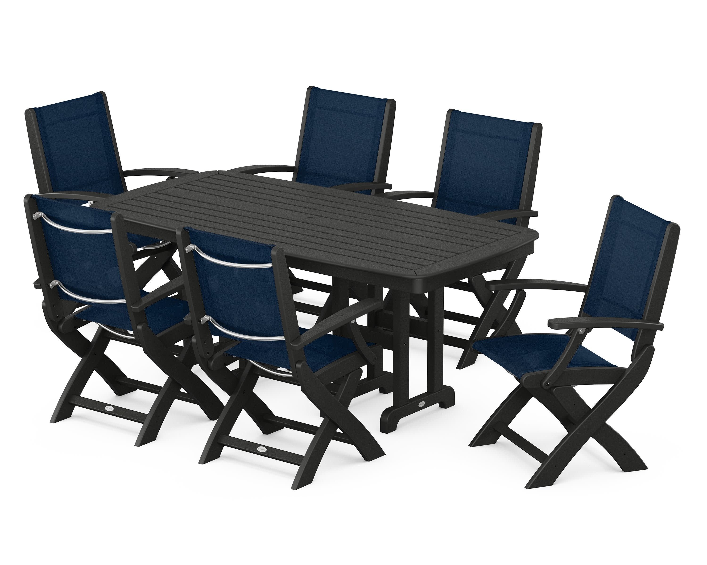 Coastal Folding Arm Chair 7-Piece Dining Set in Black / Navy Blue Sling