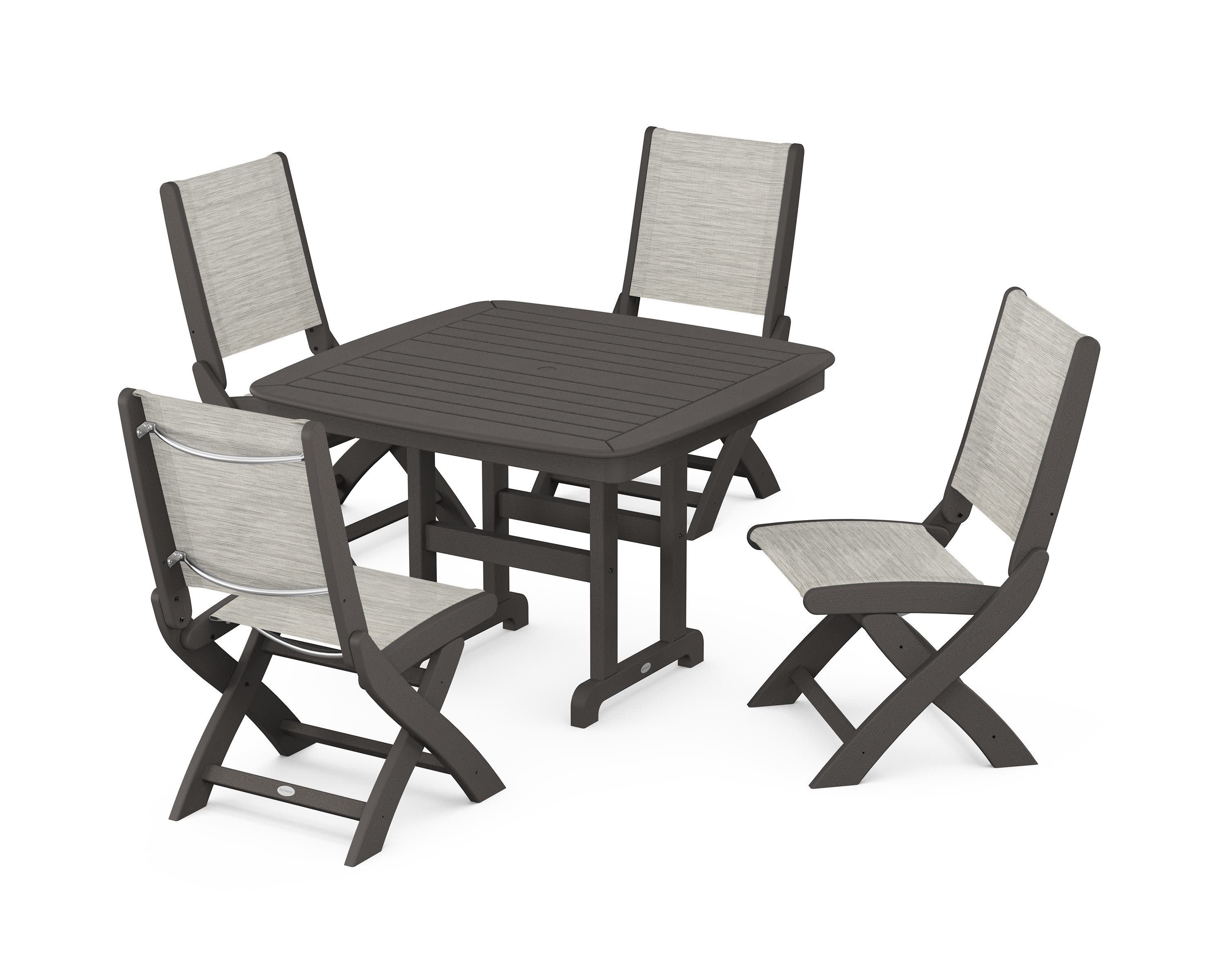 Coastal Folding Side Chair 5-Piece Dining Set in Vintage Coffee / Birch Sling