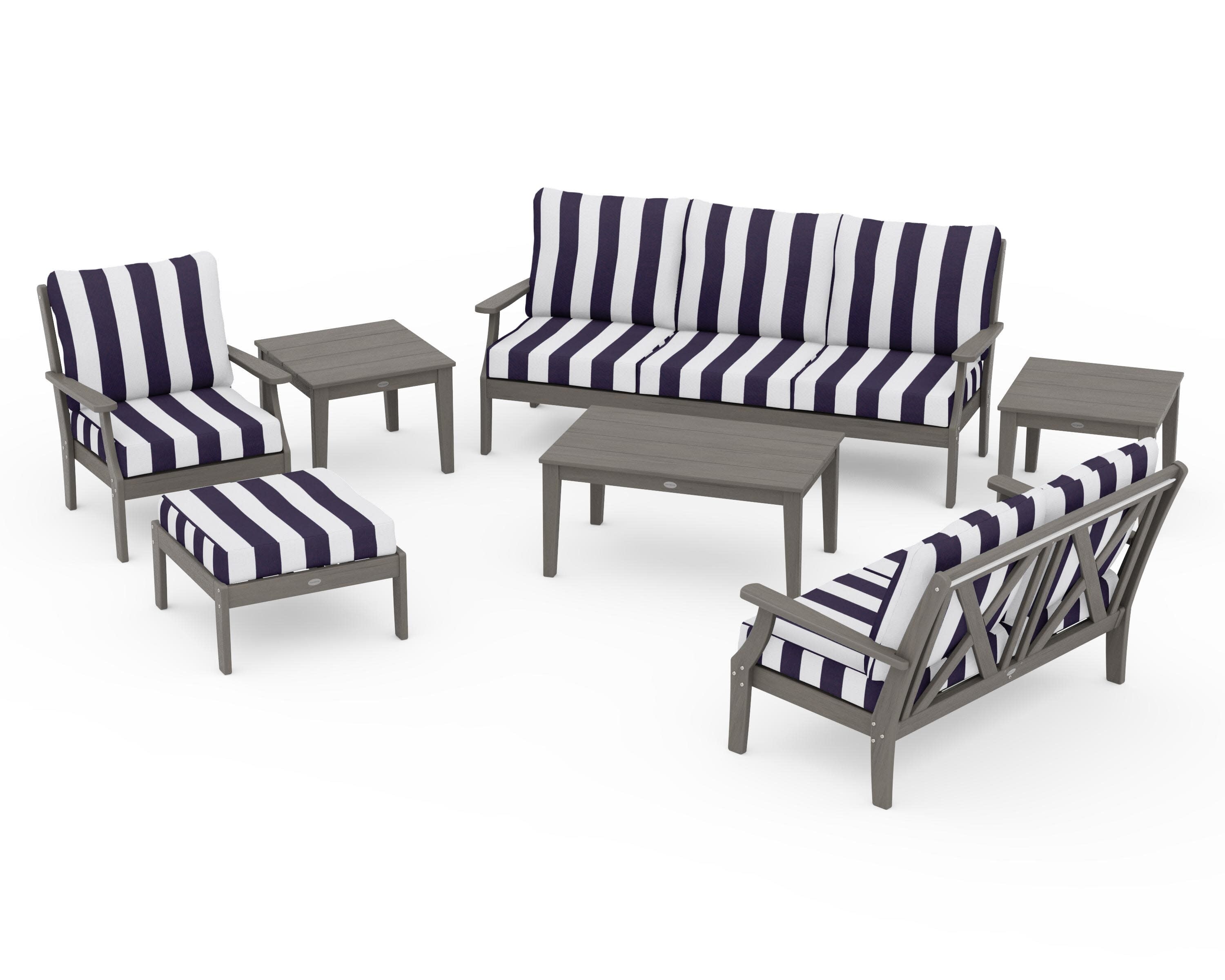 Braxton 7-Piece Deep Seating Set in Driftwood / Cabana Stripe Navy