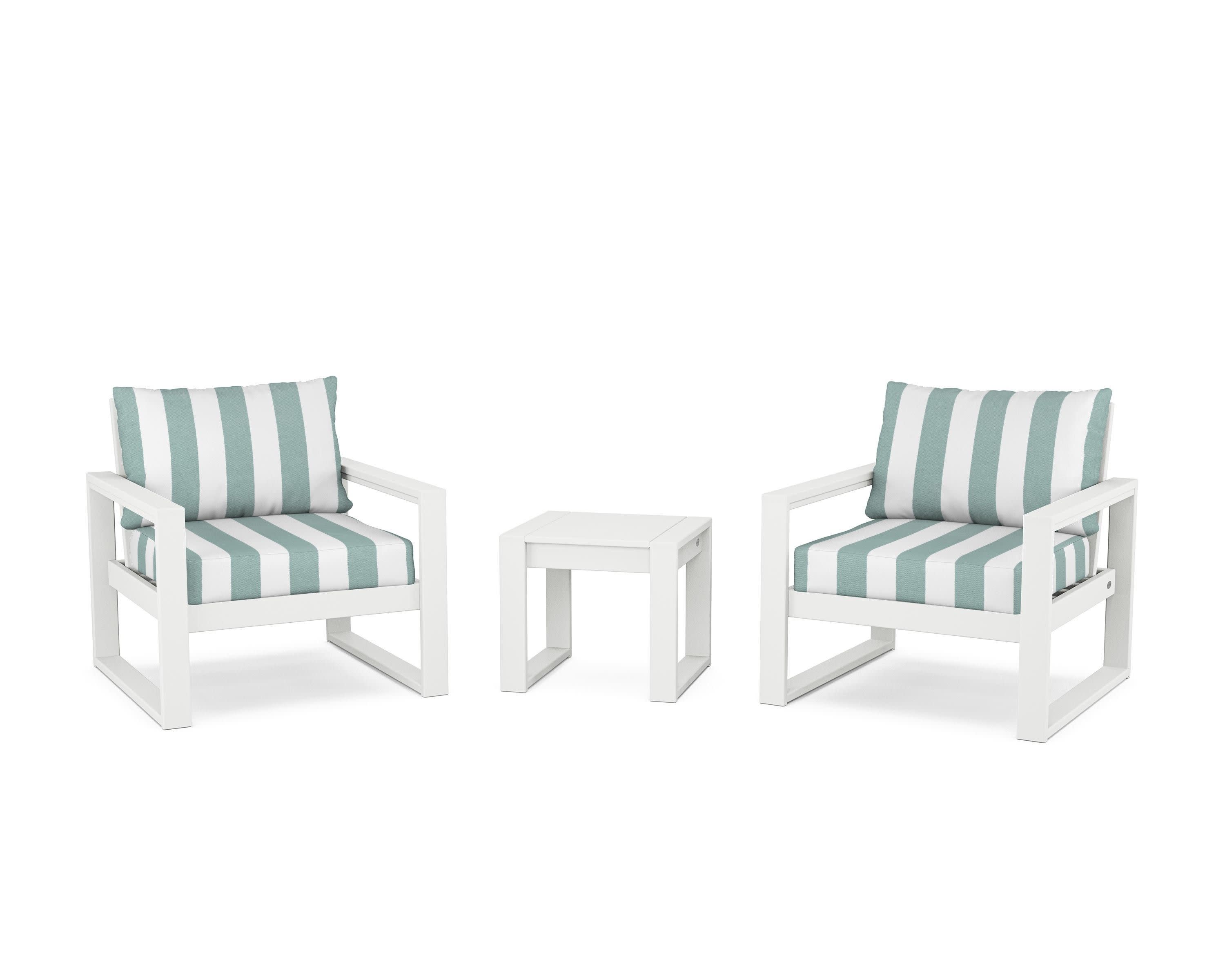EDGE Sectional 3-Piece Deep Seating Set in White / Cabana Stripe Glacier Spa