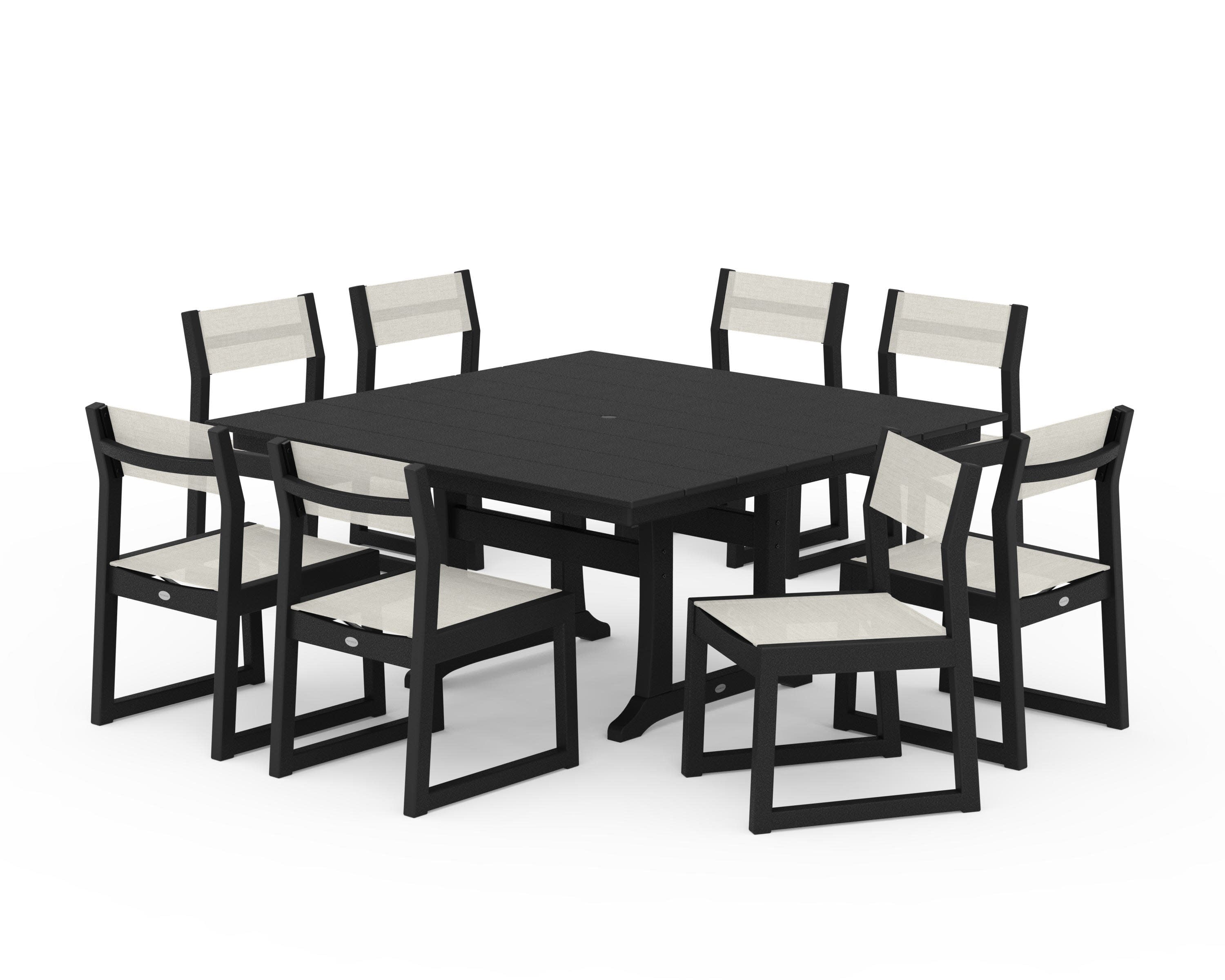 EDGE Sling Side Chair 9-Piece Farmhouse Trestle Dining Set in Black / Parchment Sling