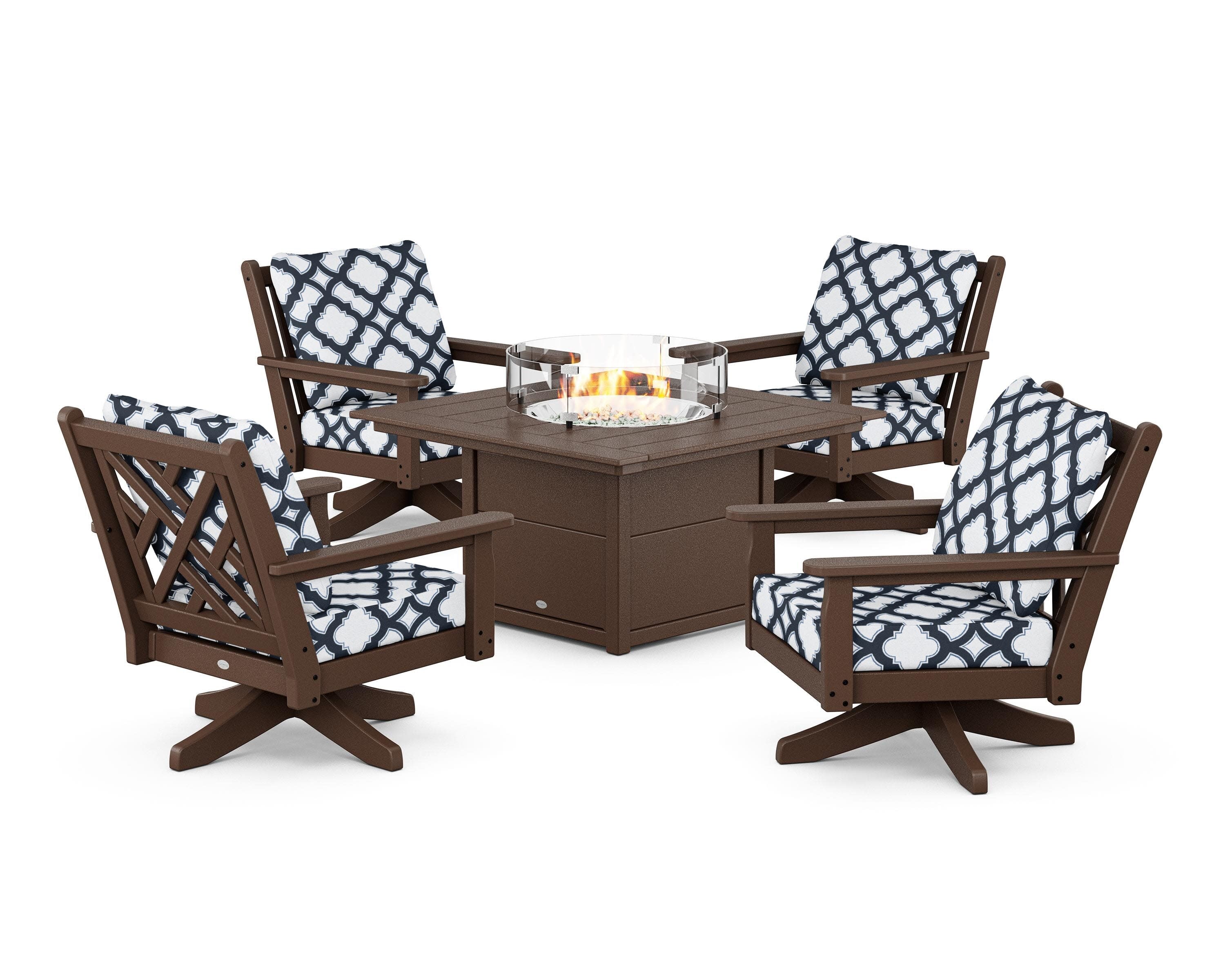 Chippendale 5-Piece Deep Seating Swivel Conversation Set with Fire Pit Table in Mahogany / Trellis Marine Indigo