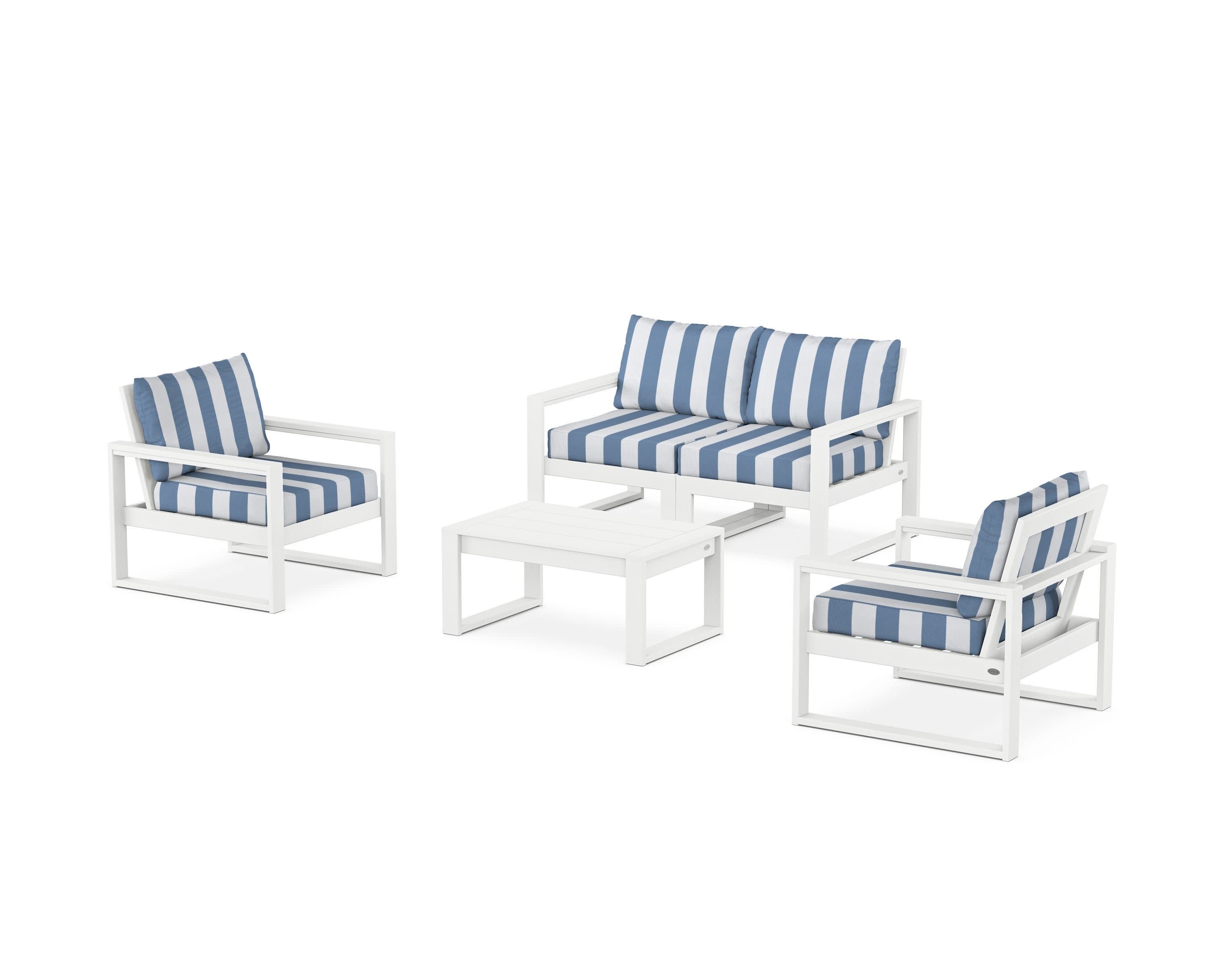 EDGE Sectional 4-Piece Deep Seating Set with Loveseat in White / Cabana Stripe Sky Blue