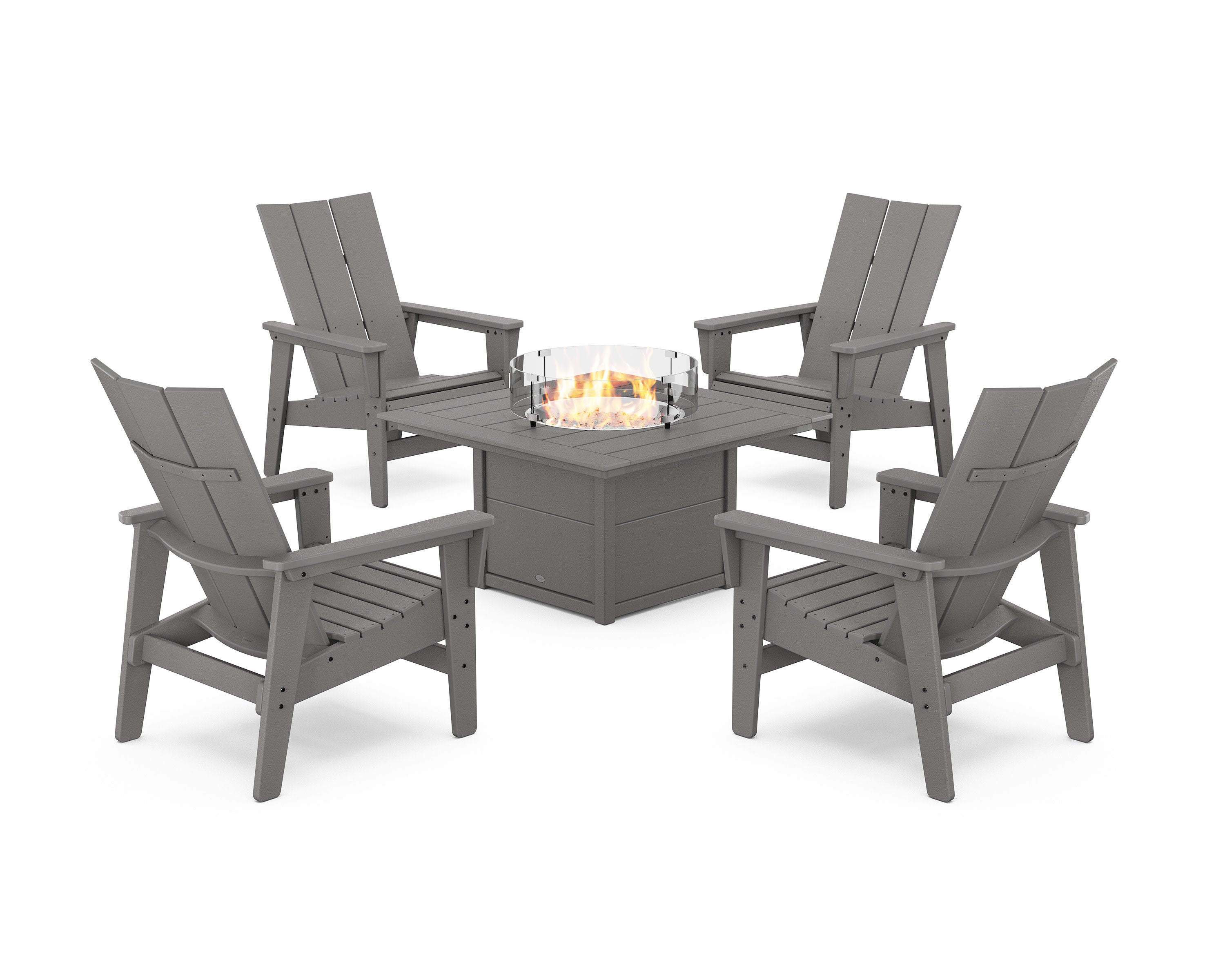 5-Piece Modern Grand Upright Adirondack Conversation Set with Fire Pit Table in Slate Grey