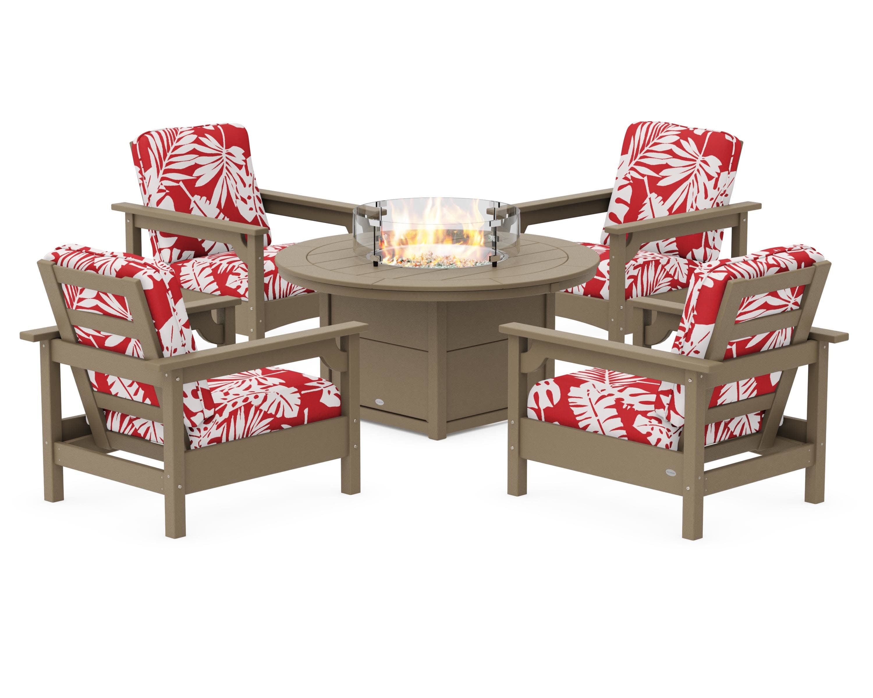 Club 5-Piece Conversation Set with Fire Pit Table in Vintage Sahara / Leaf Crimson