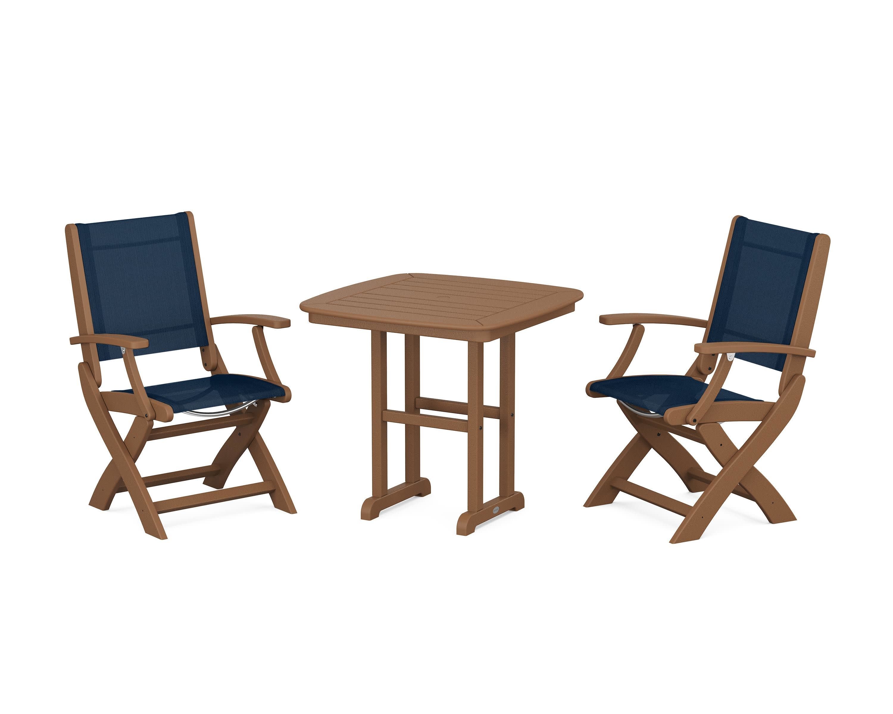 Coastal Folding Chair 3-Piece Dining Set in Teak / Navy Blue Sling