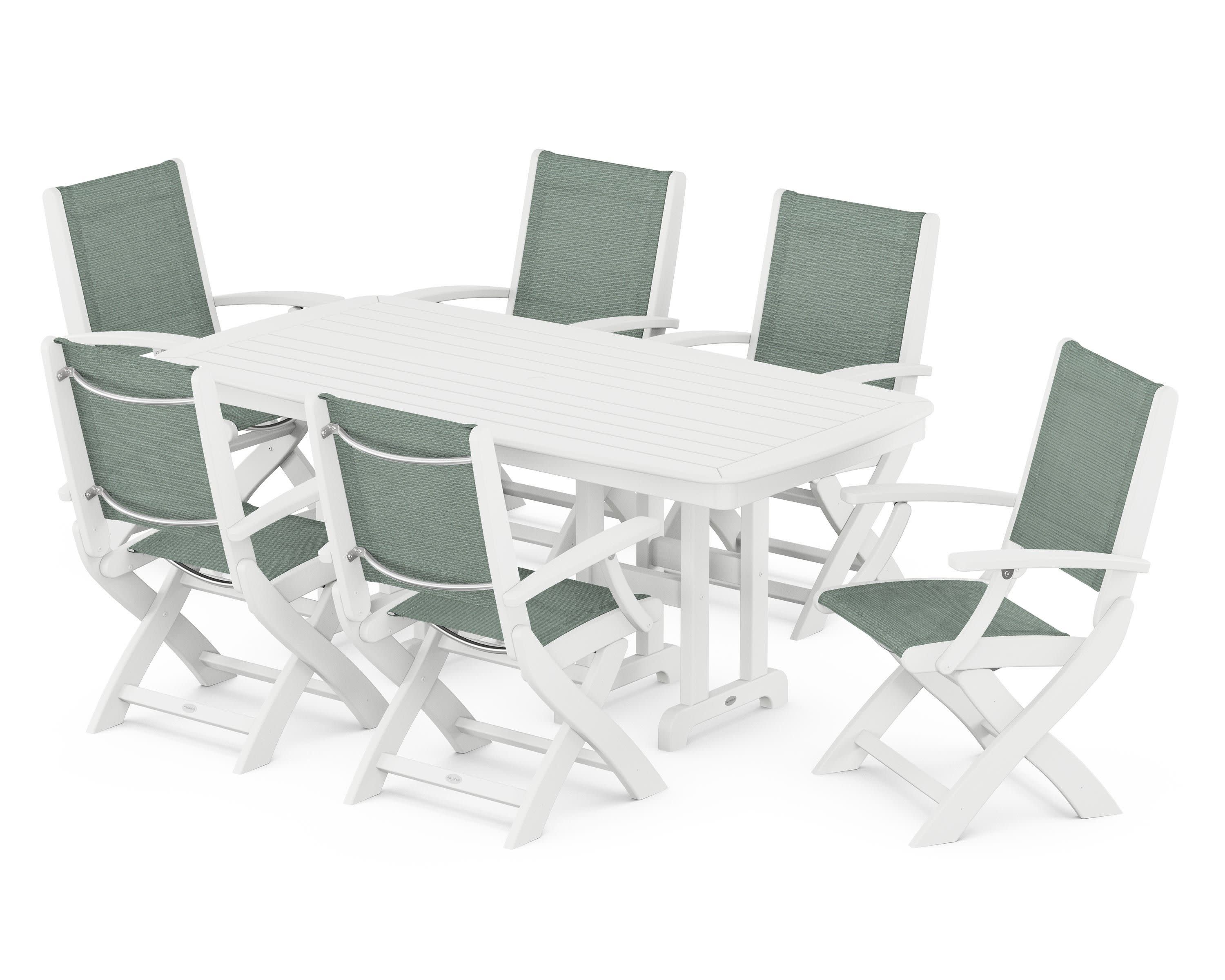 Coastal Folding Arm Chair 7-Piece Dining Set in White / Dupioni Sea Mist Sling