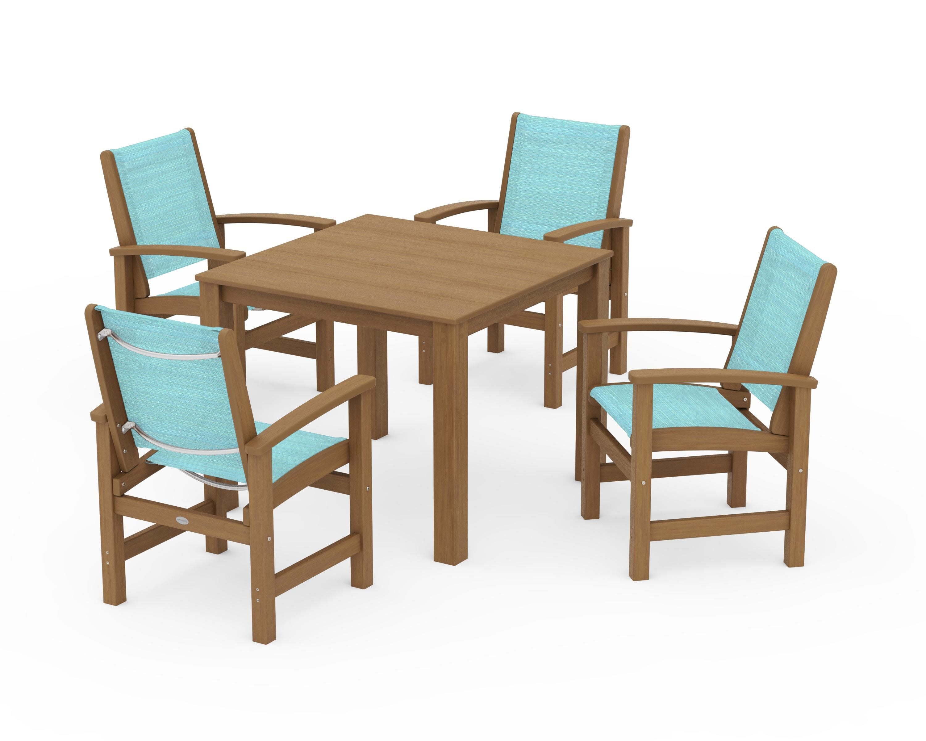 Coastal 5-Piece Parsons Dining Set in Natural / Dupioni Aquamarine Sling
