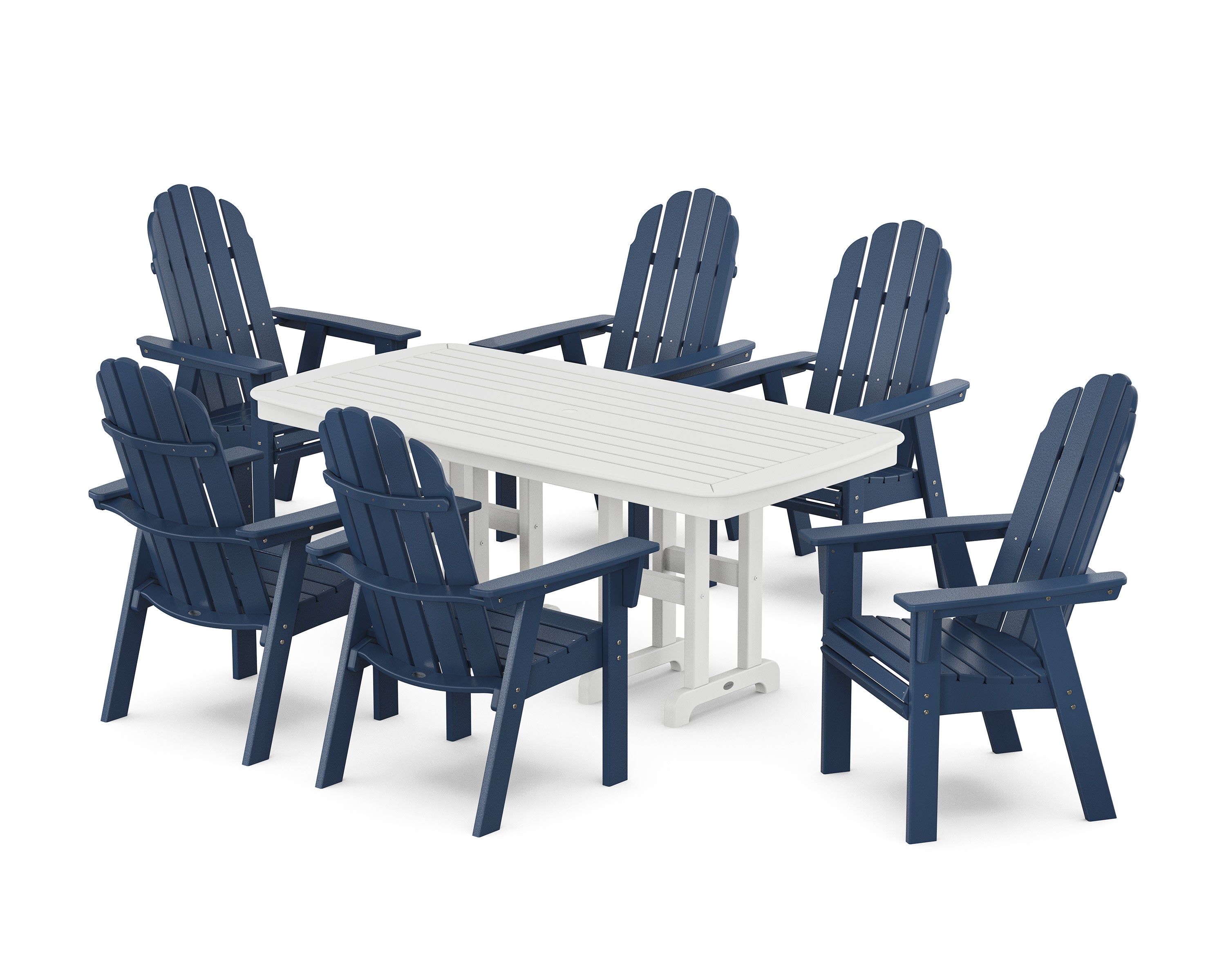 Vineyard Curveback Adirondack Chair 7-Piece Dining Set in Navy / White