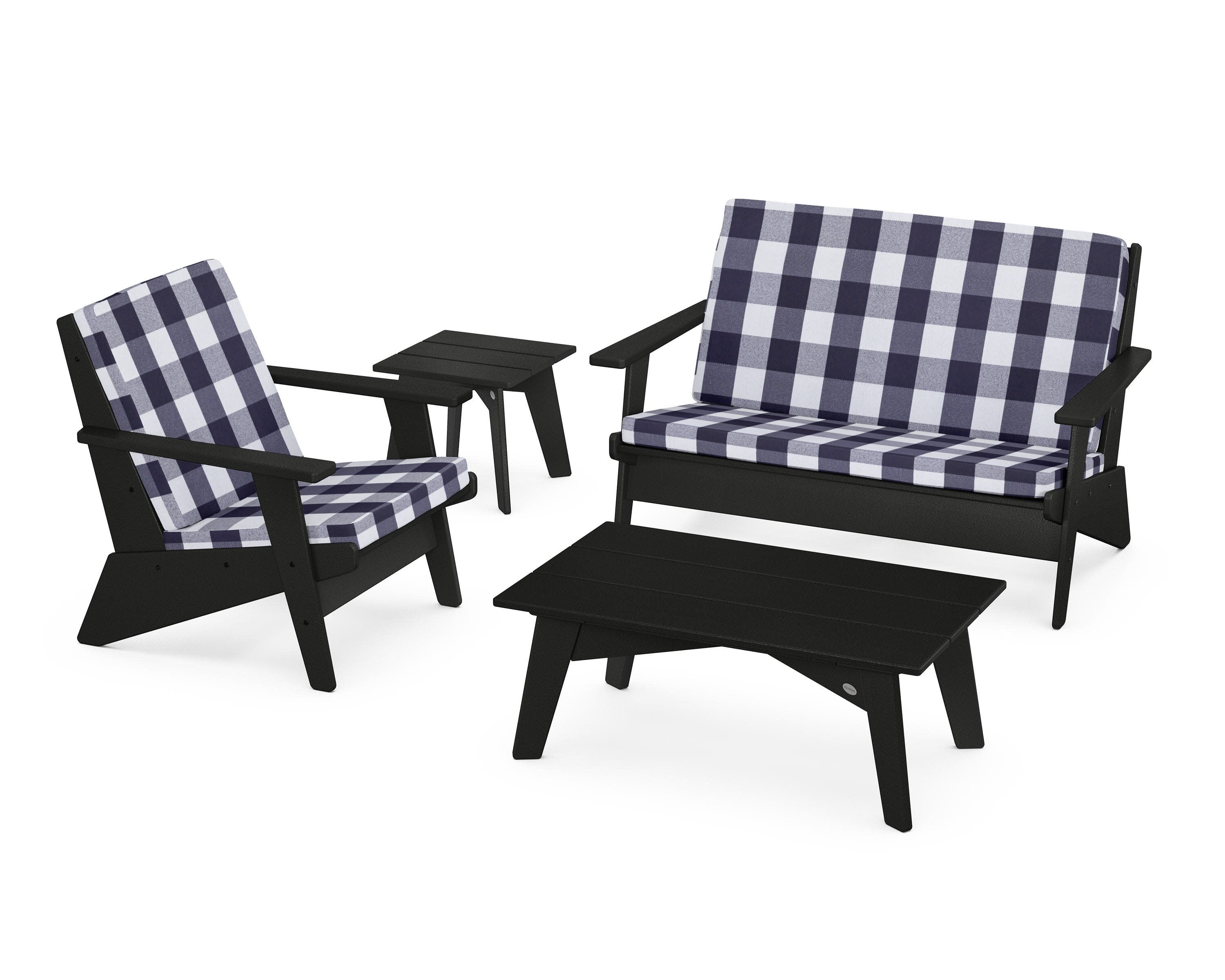 Riviera Modern Lounge 4-Piece Set in Black / Buffalo Plaid Navy