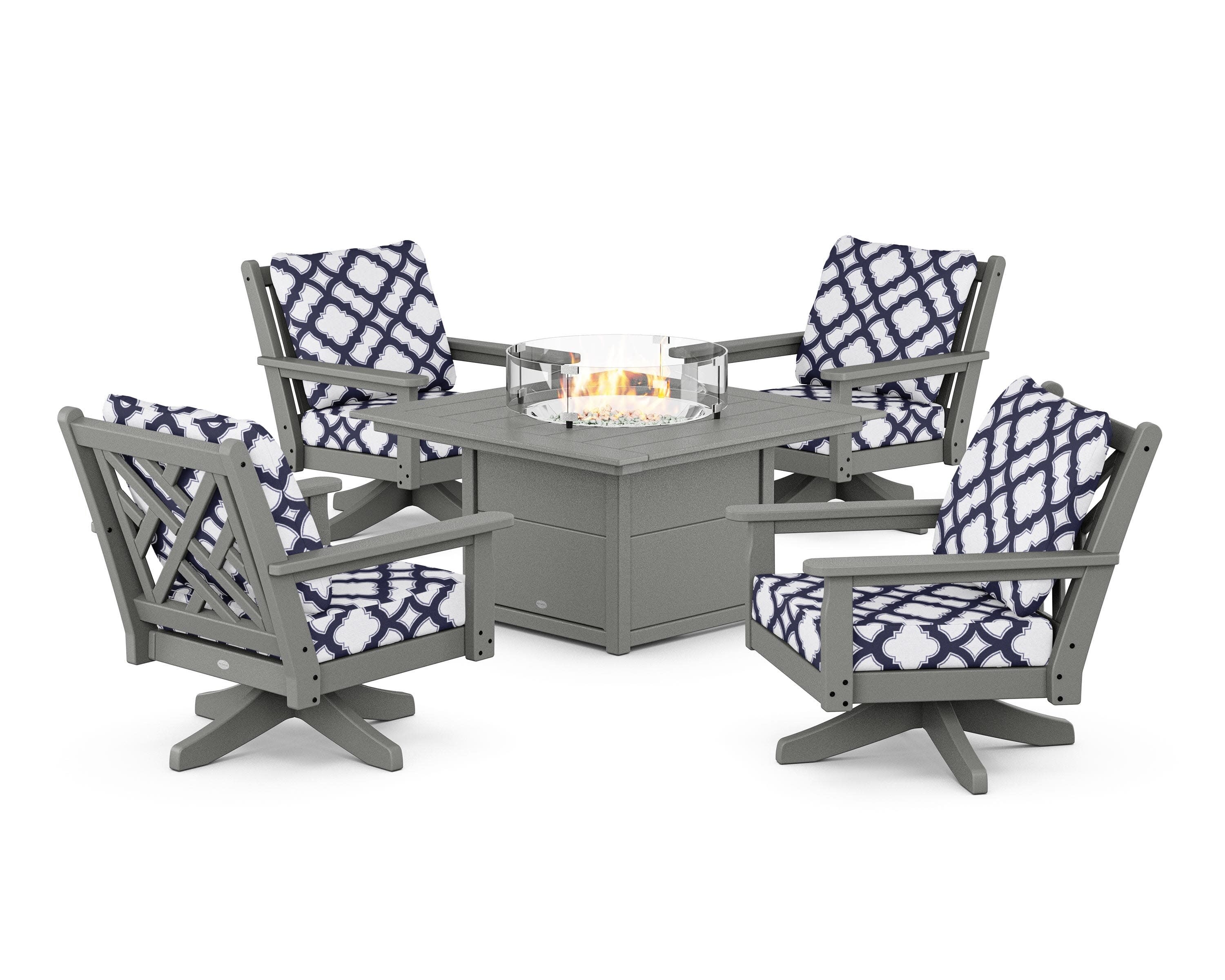Chippendale 5-Piece Deep Seating Swivel Conversation Set with Fire Pit Table in Slate Grey / Trellis Navy