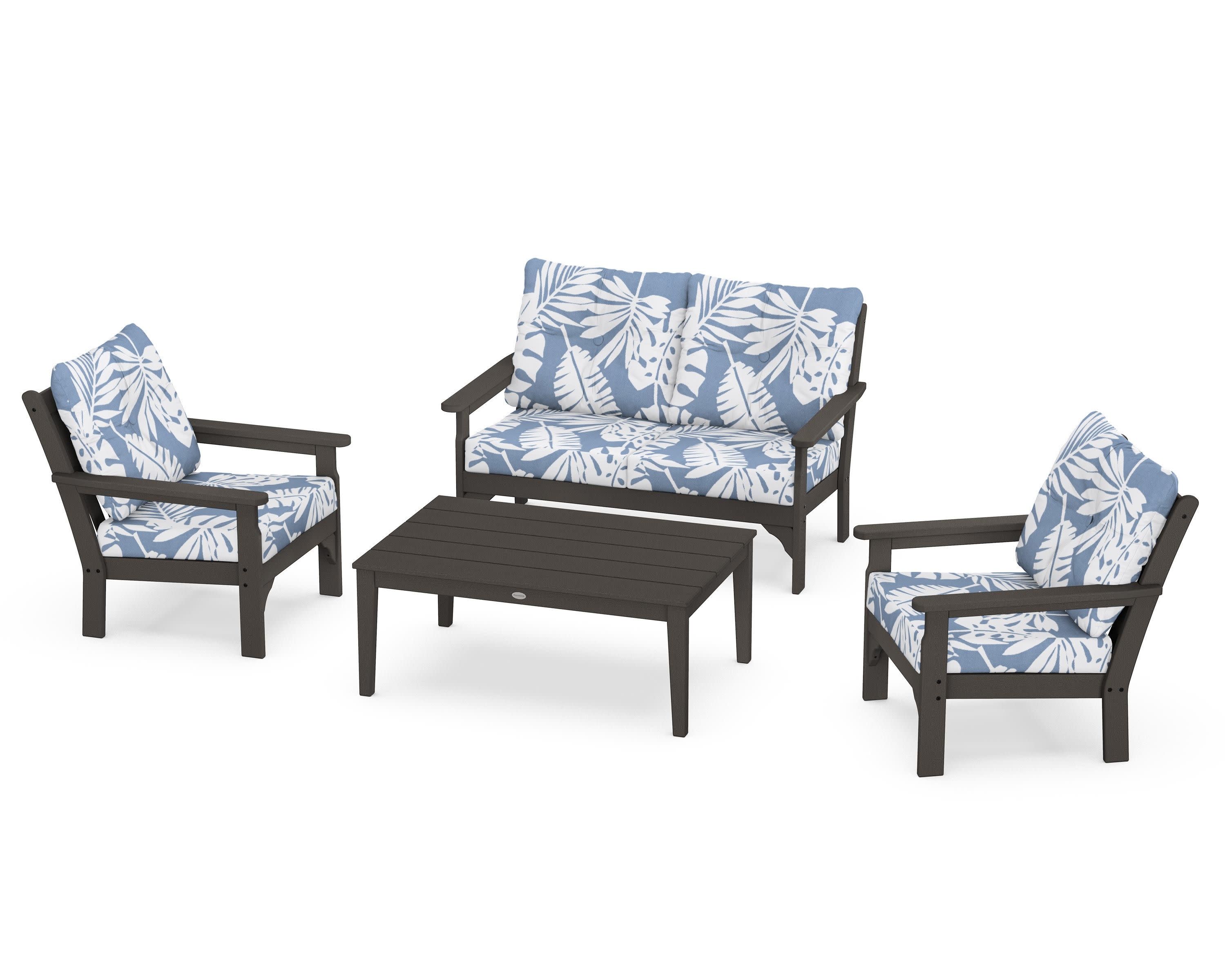 Vineyard 4-Piece Deep Seating Set in Vintage Coffee / Leaf Sky Blue