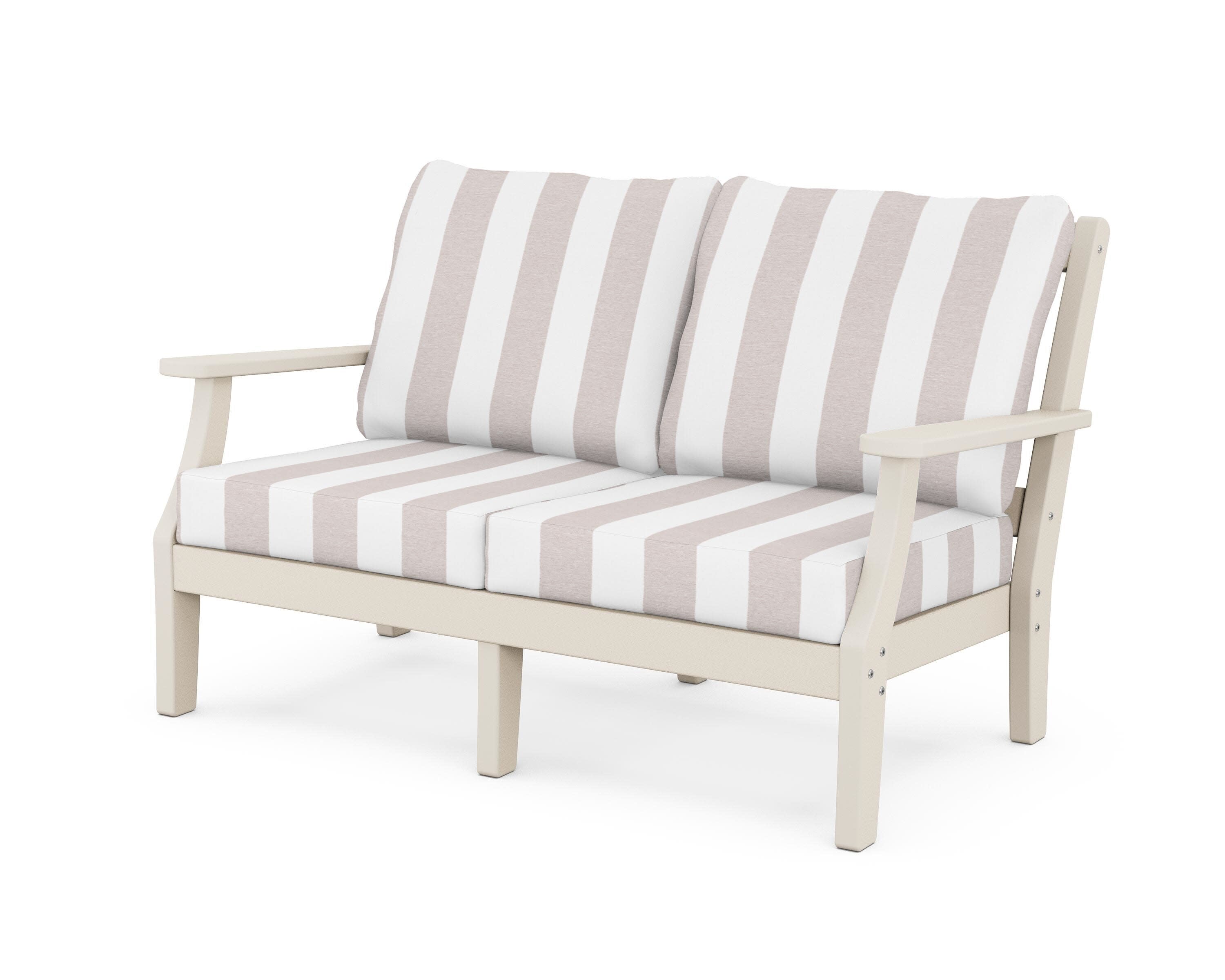 Chinoiserie Deep Seating Loveseat in Sand / Cabana Stripe Dune Burlap