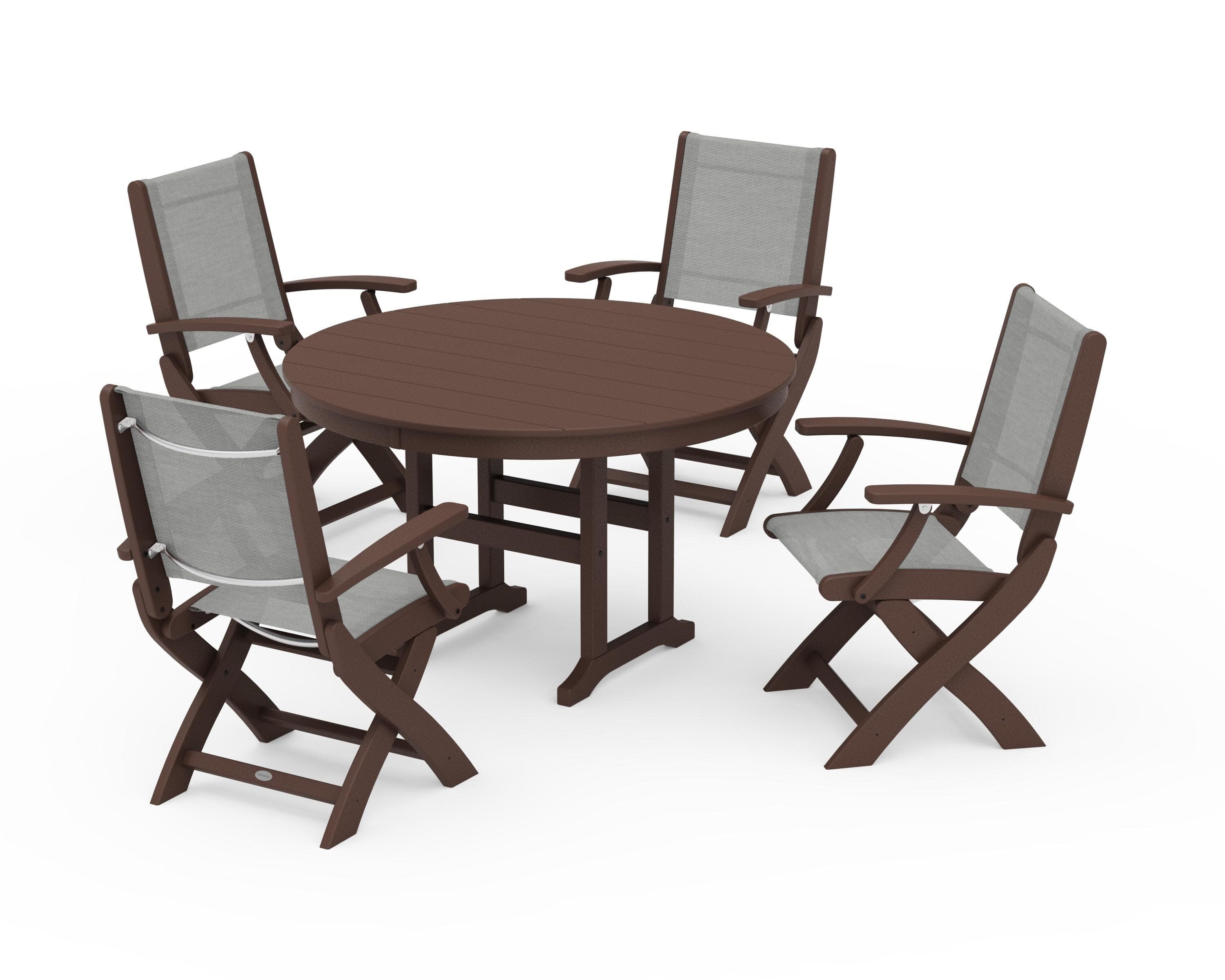 Coastal Folding Chair 5-Piece Round Dining Set in Mahogany / Metallic Sling