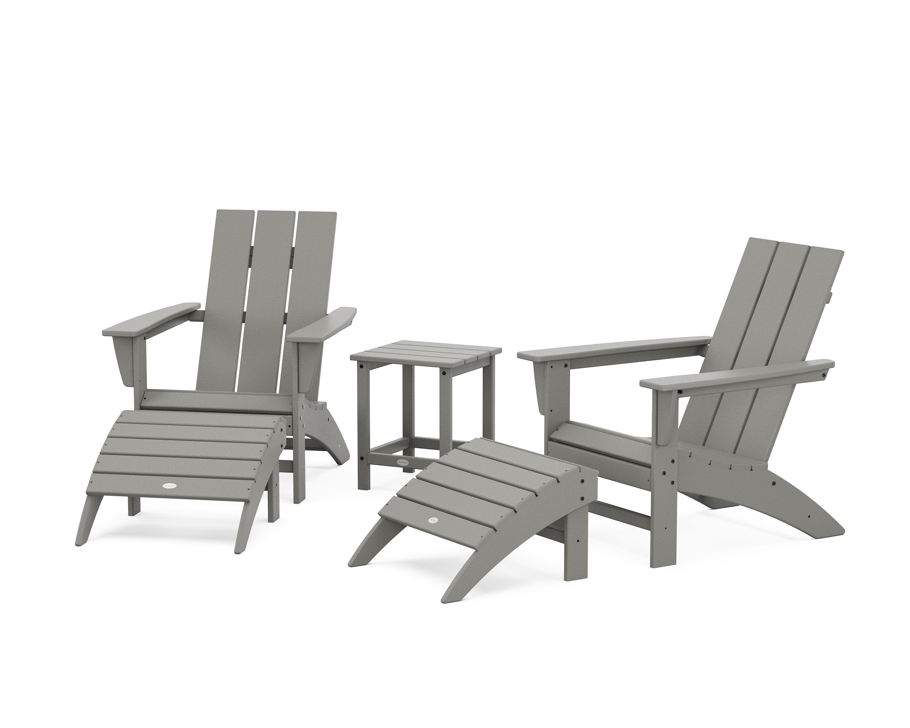 Modern Adirondack Chair 5-Piece Set with Ottomans and 18" Side Table in Slate Grey