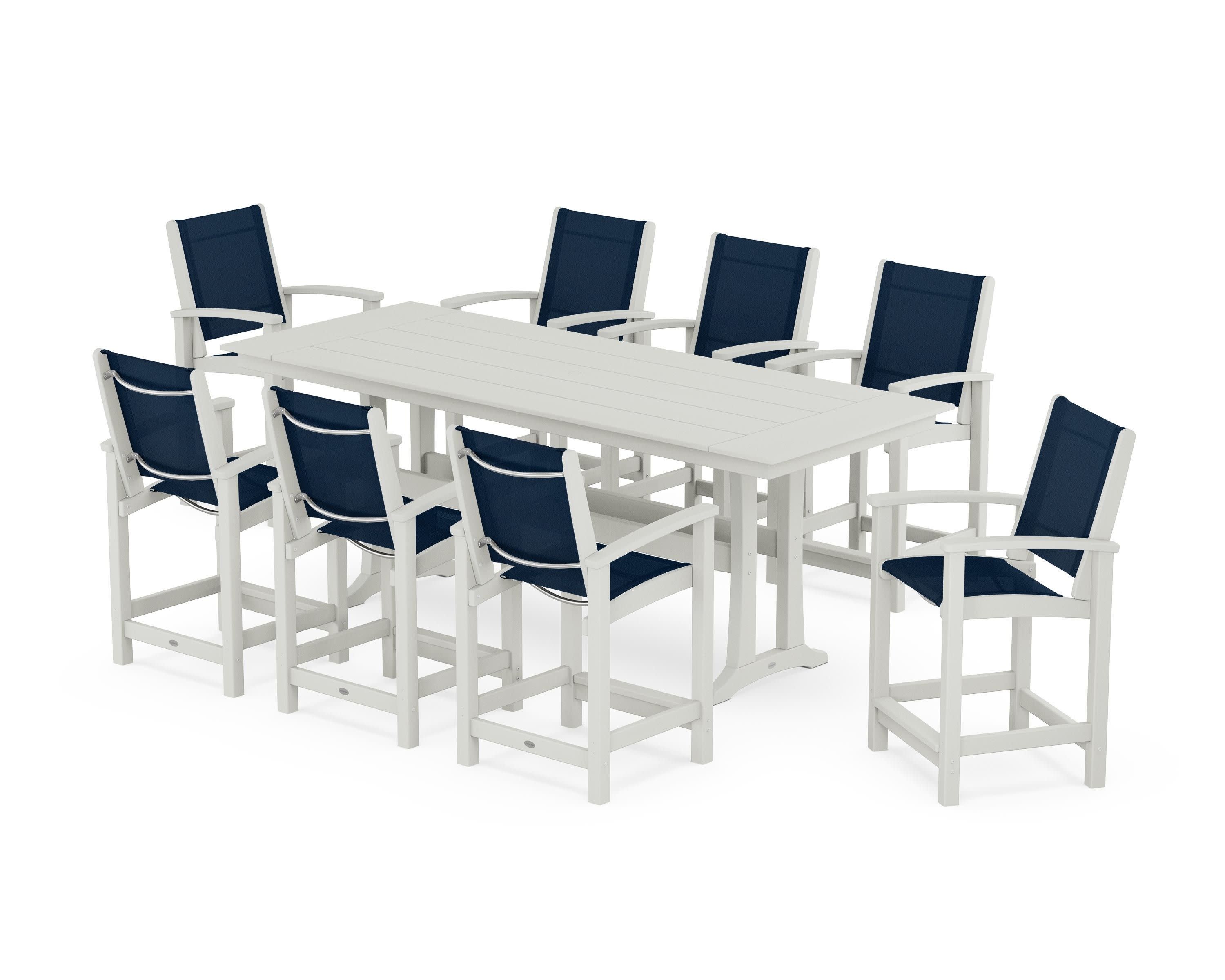 Coastal 9-Piece Farmhouse Counter Set with Trestle Legs in Vintage White / Navy Blue Sling