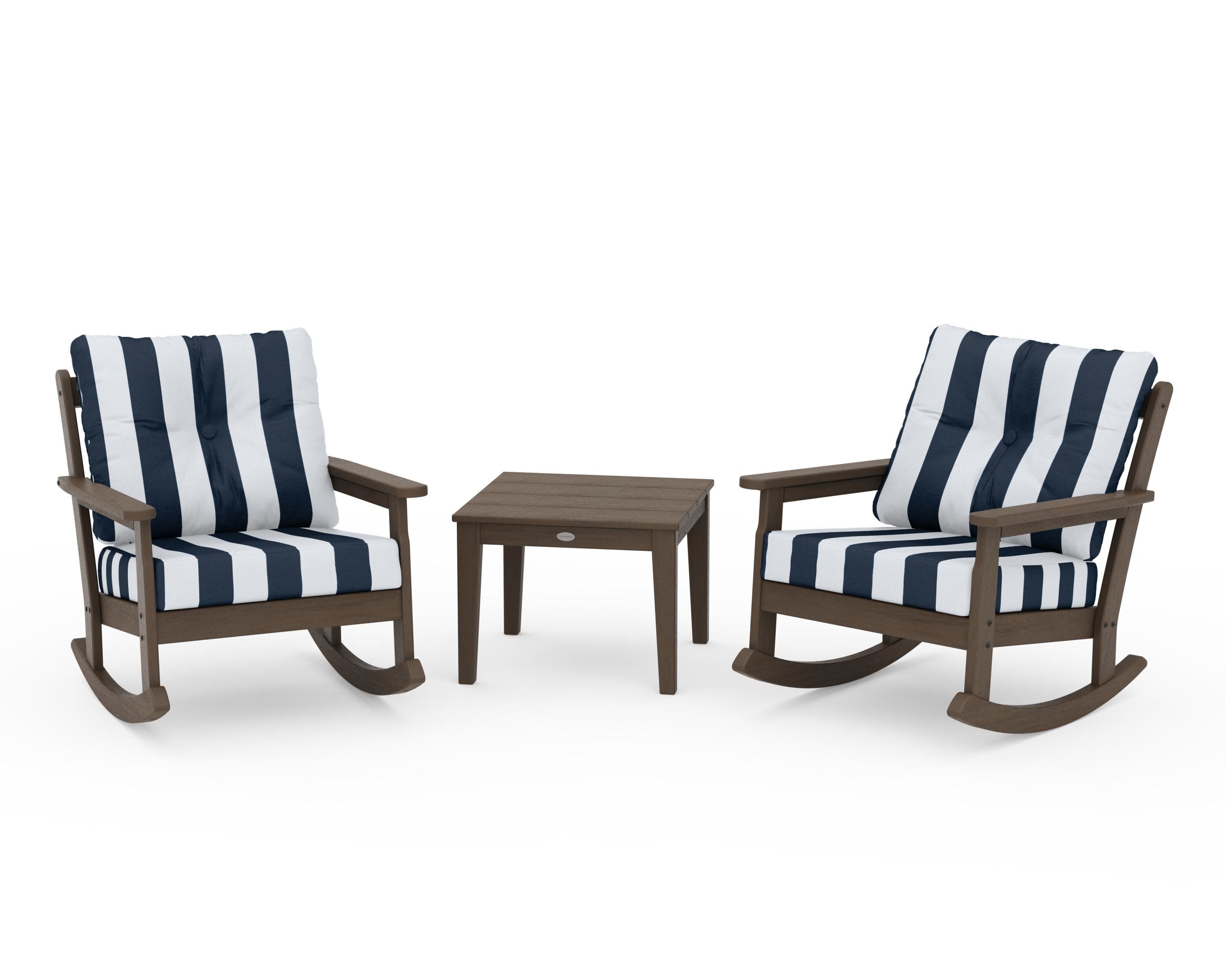 Vineyard 3-Piece Deep Seating Rocker Set in Kona / Cabana Stripe Marine Indigo