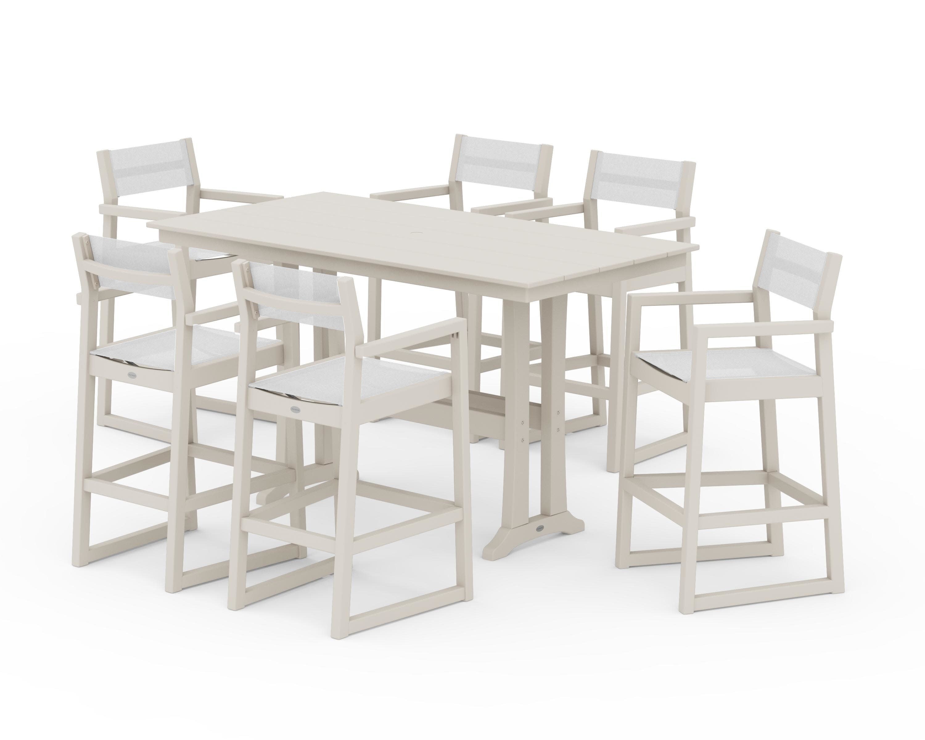 EDGE Sling Arm Chair 7-Piece Farmhouse Bar Set with Trestle Legs in Sand / White Sling