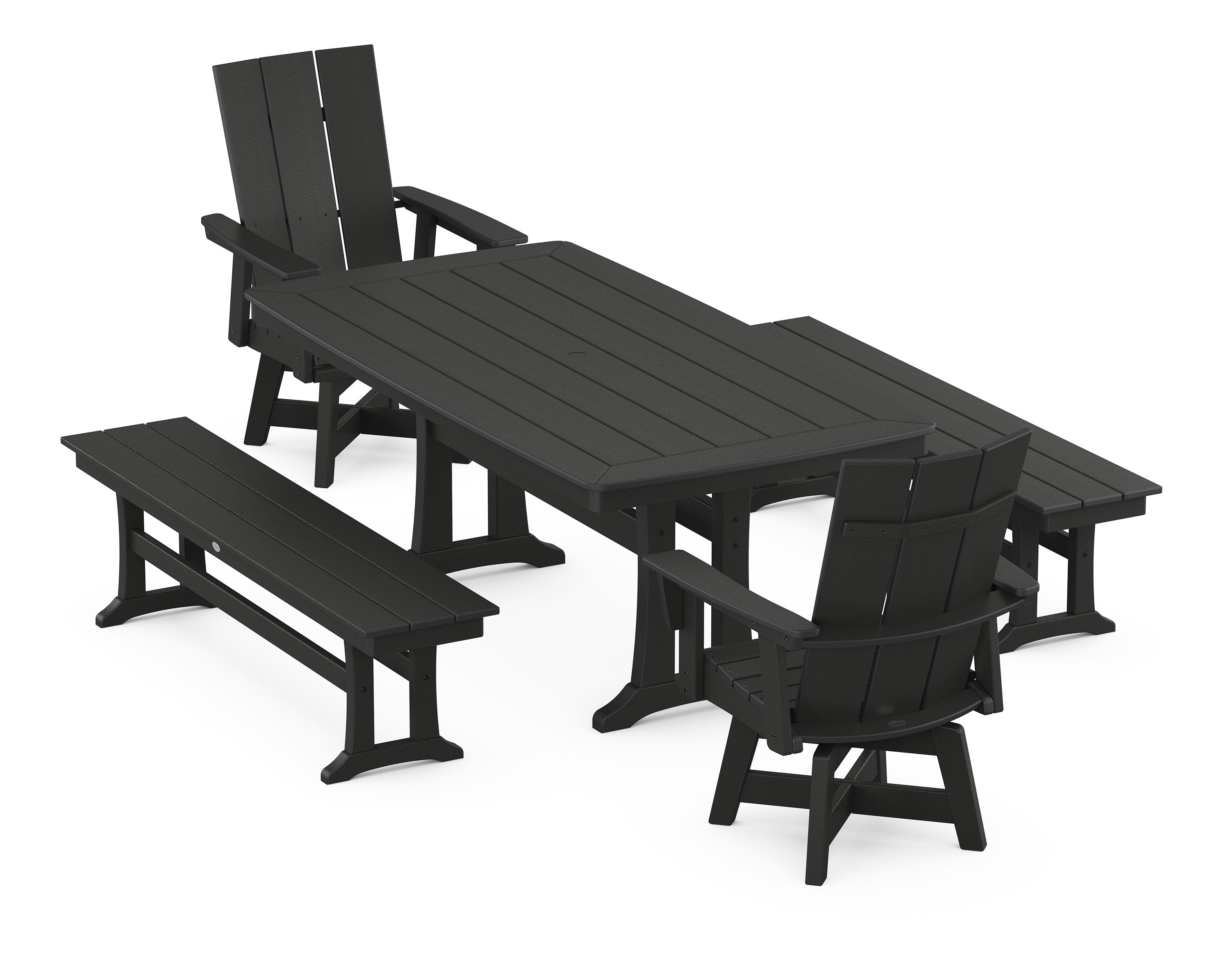 Modern Curveback Adirondack Swivel Chair 5-Piece Dining Set with Trestle Legs and Benches in Black