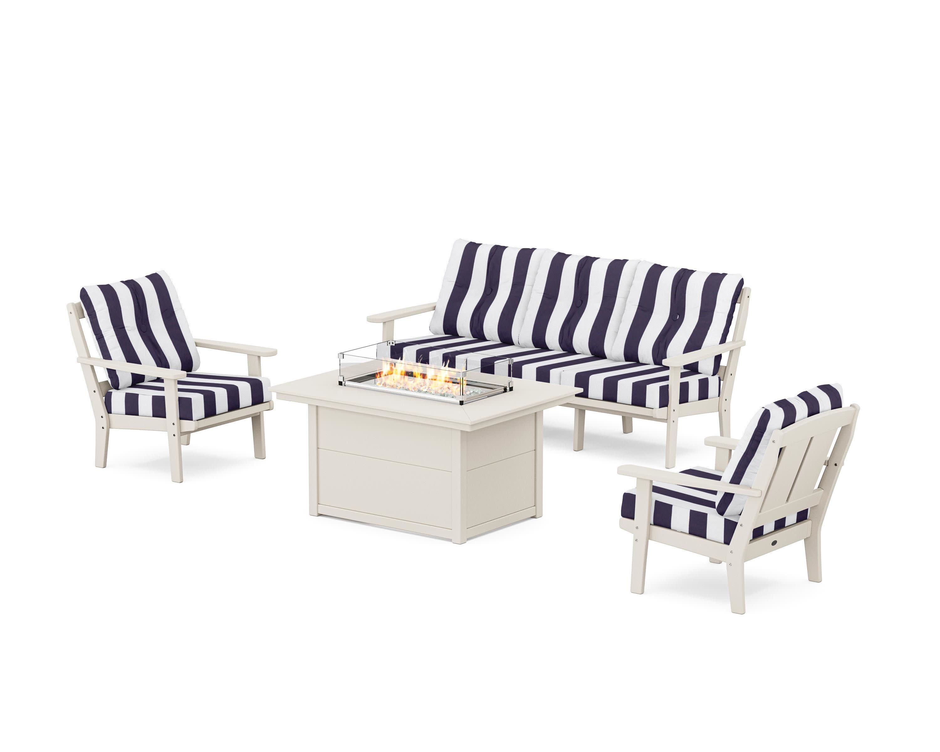 Mission Deep Seating Fire Pit Table Set in Sand / Cabana Stripe Navy